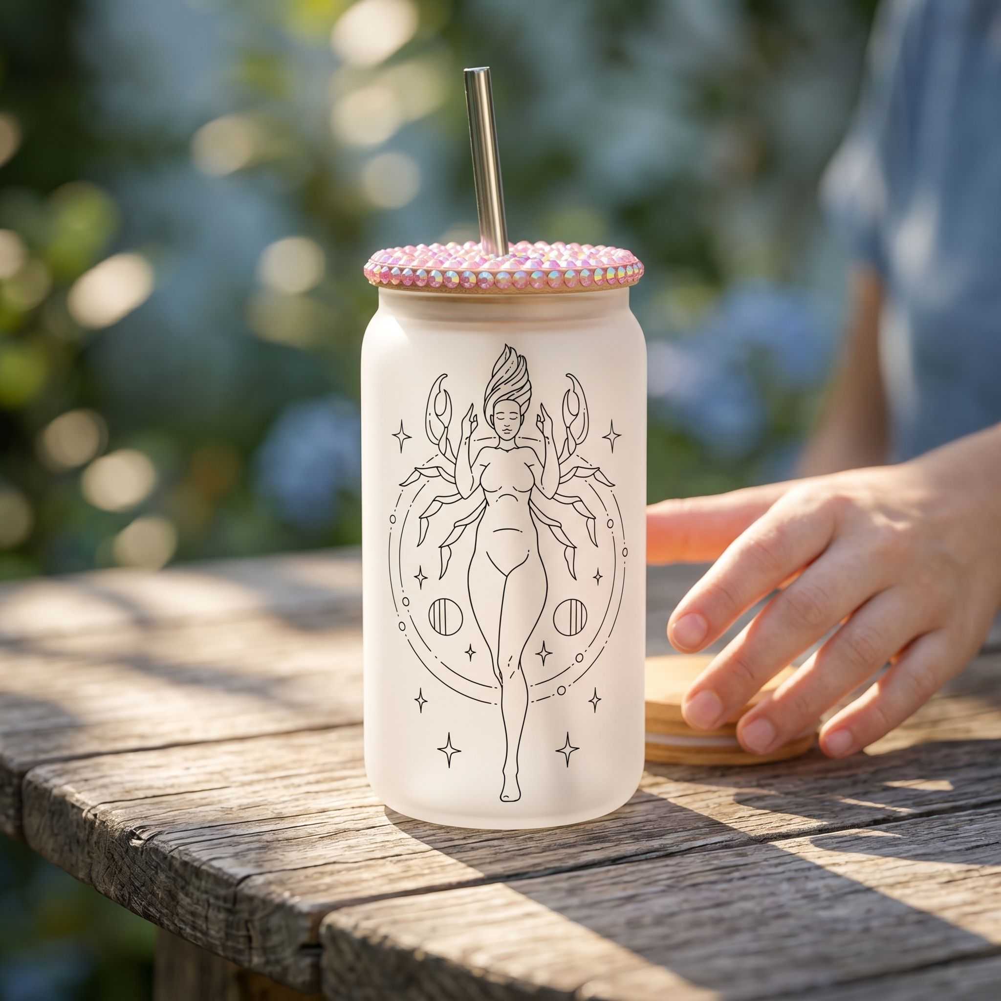 16 oz Cancer Zodiac Astrology Stars Libby glass beer can cup on a rustic outdoor table with natural sunlight, casual happy vibe.