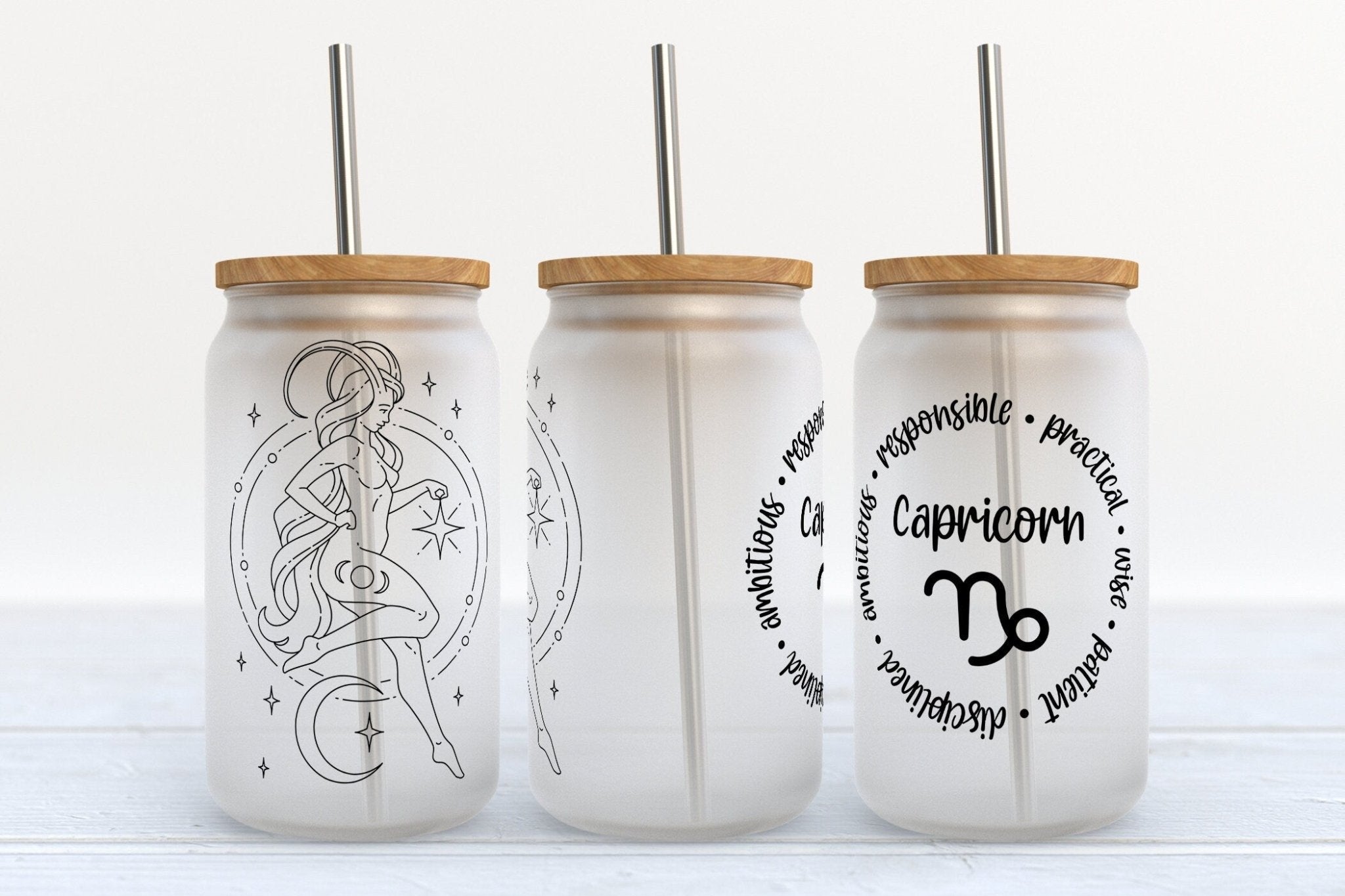Capricorn zodiac astrology stars design on 16oz Libby glass beer can cup with straw and bamboo lid options