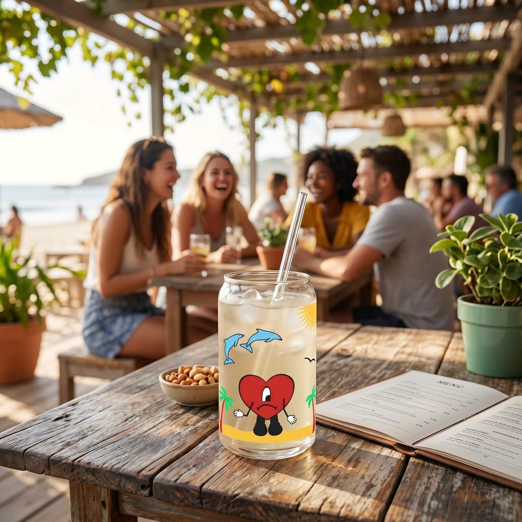 Full view of 16oz clear Libby beer can glass with sublimated design, set on rustic outdoor table with greenery and natural lighting.