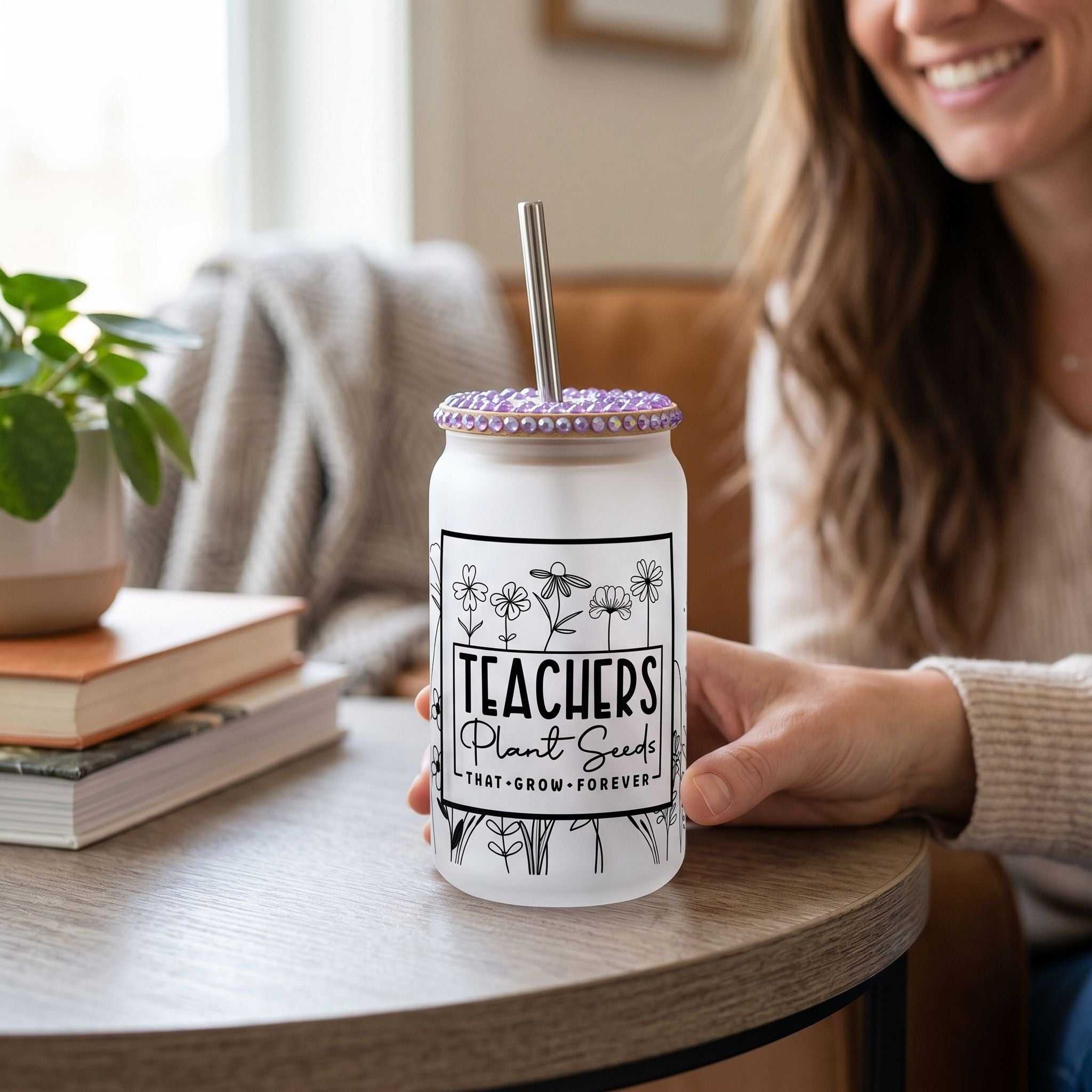 Medium shot of 16 oz Libby Glass beer can cup on side table with lid options, highlighting sublimated design in a relaxed home atmosphere.