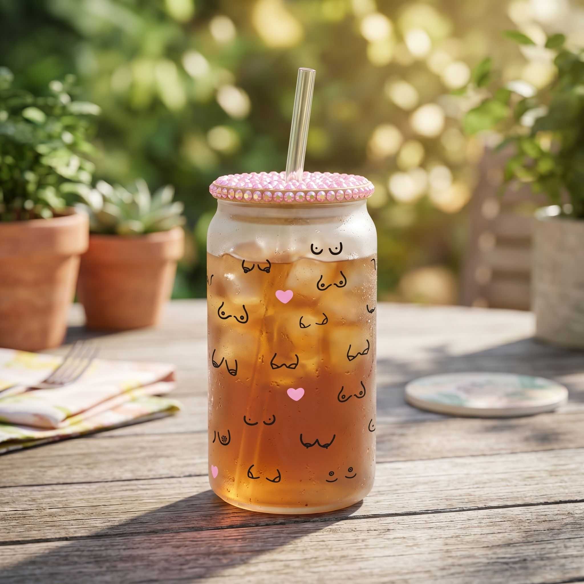 Full shot of the Libby glass tumbler with condensation and straw on outdoor patio table during sunny day, evoking a cheerful summer vibe.