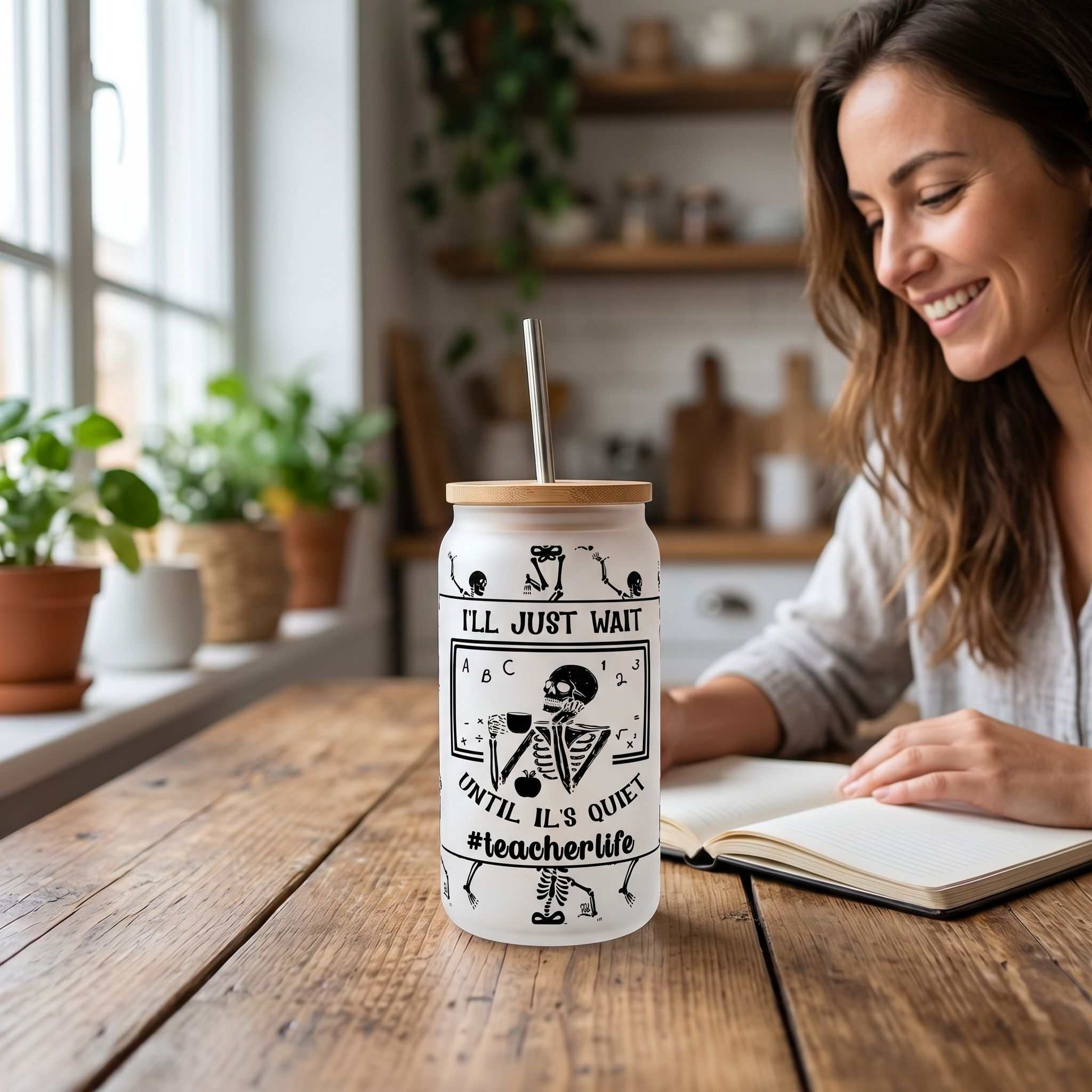 16 oz Libby Glass Beer Can style cup with 'I'll Just Wait Til Its Quiet #teacherlife' design on a rustic wooden table in natural daylight.