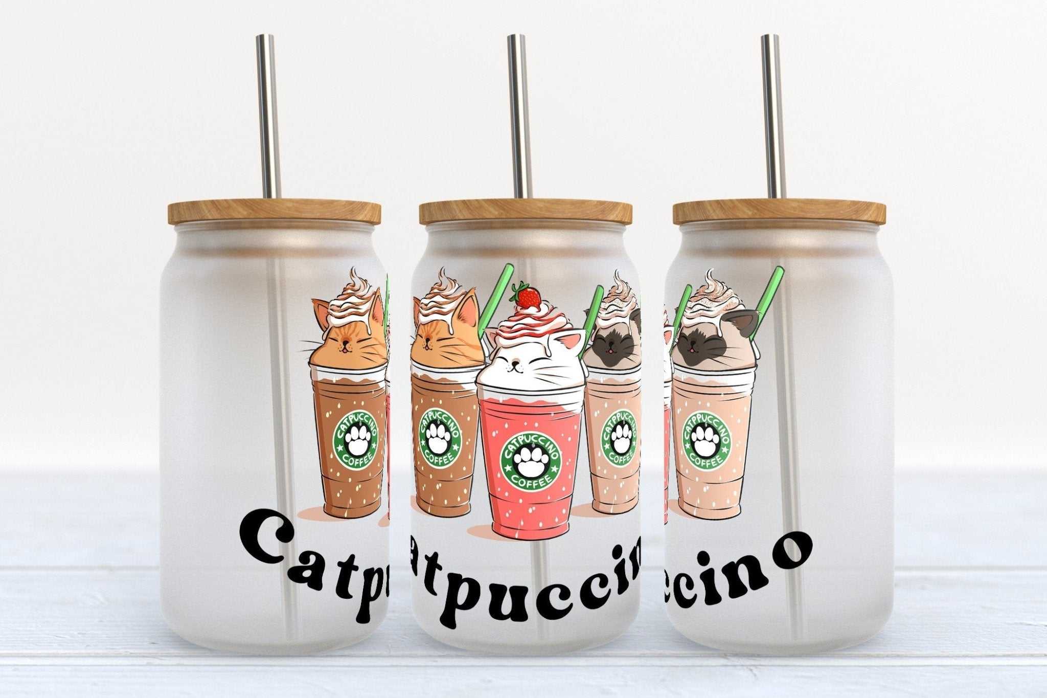 Glass Libby Beer Can Cup with Catpuccino Starbucks Inspired Coffee design, 16oz with straw and bamboo lid options