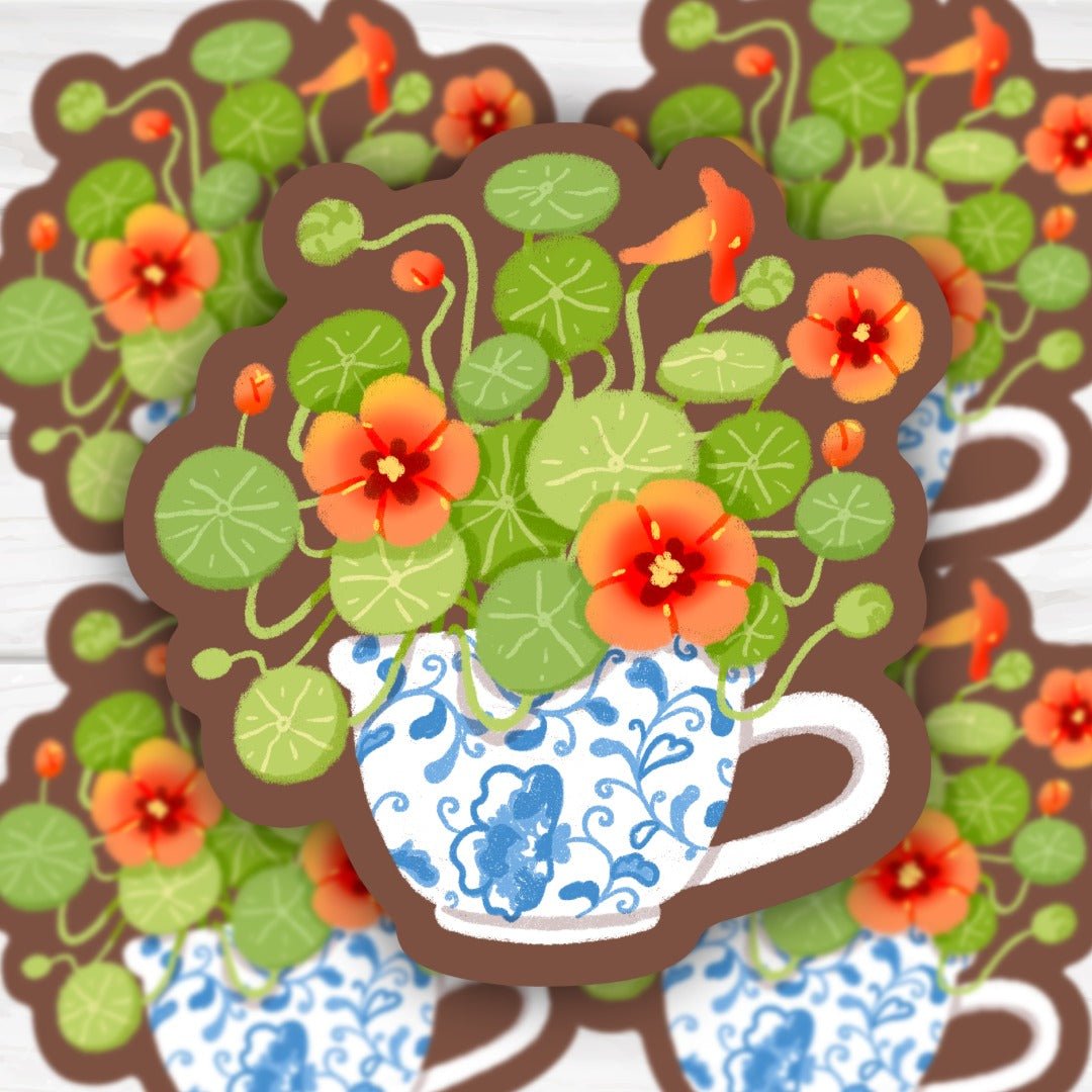 Chinese Money Plant Blooming in Blue Tea Cup Kawaii Sticker - HoneySkunk