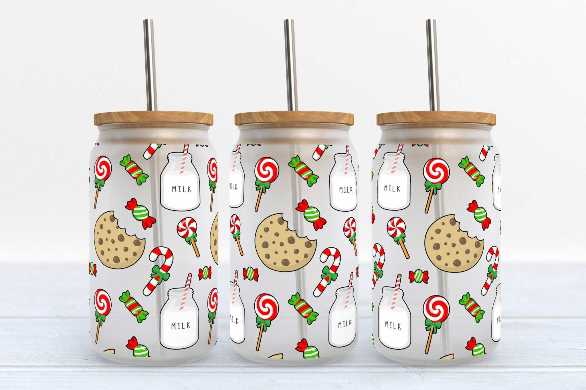 16oz glass beer can cup with Christmas Cookies and Milk for Santa design and straw