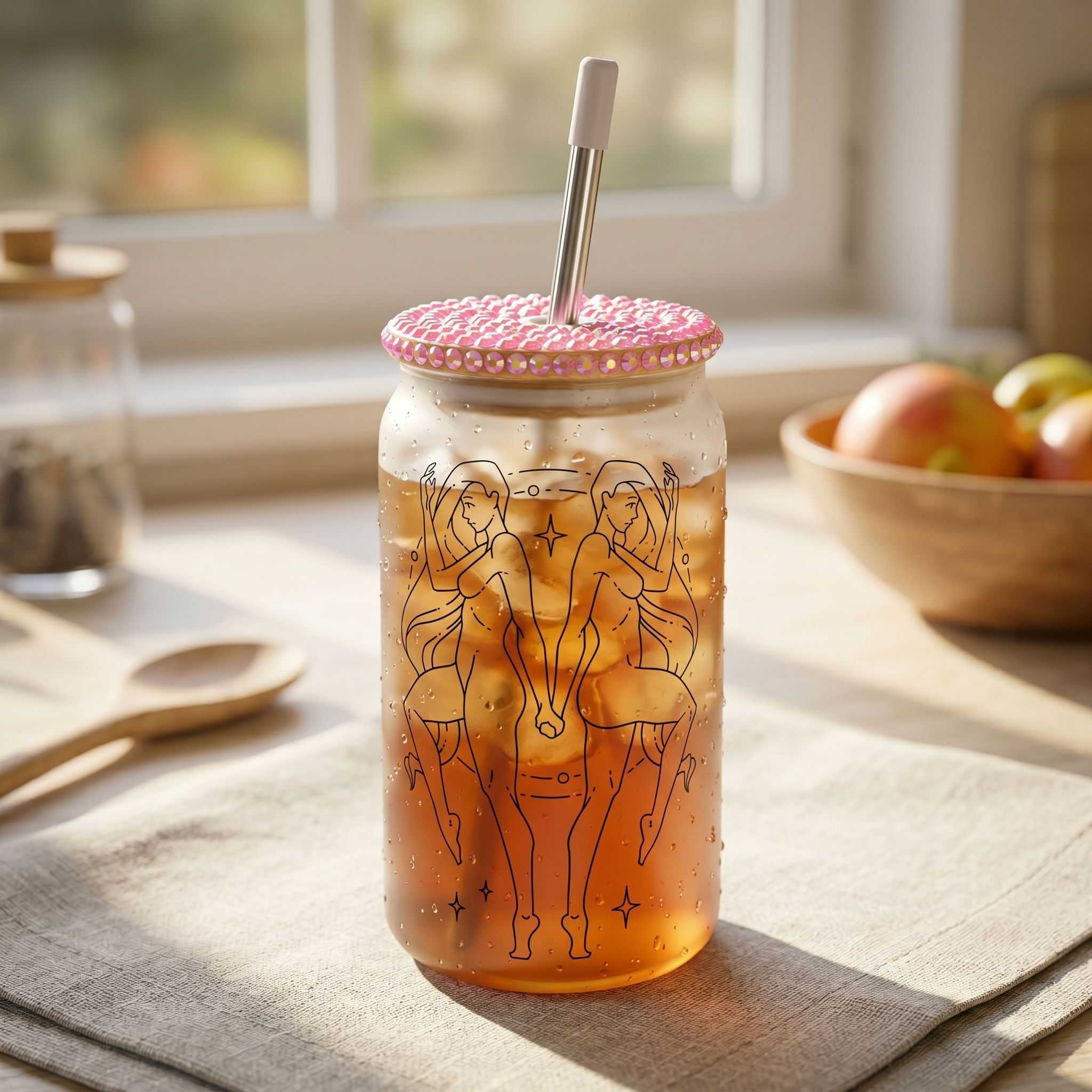 Close-up of 16 oz Gemini zodiac Libby glass filled with iced tea, condensation droplets, natural light highlighting glass transparency, casual kitchen background.