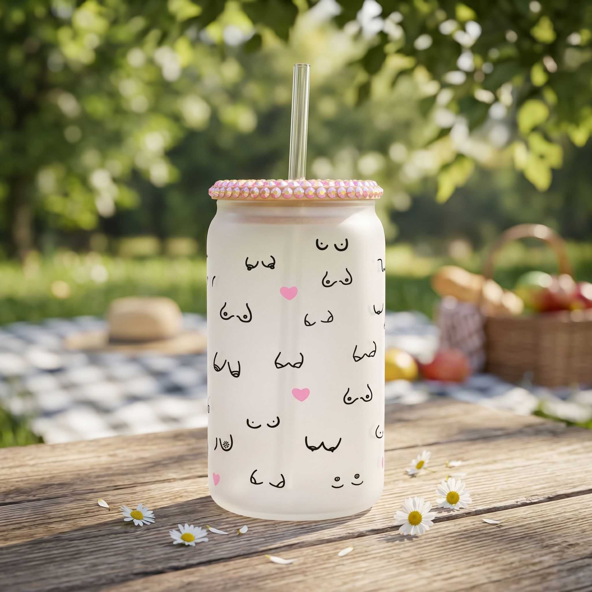 Close-up of Libby glass beer can cup with sublimated design in natural sunlight, emphasizing transparency and texture.