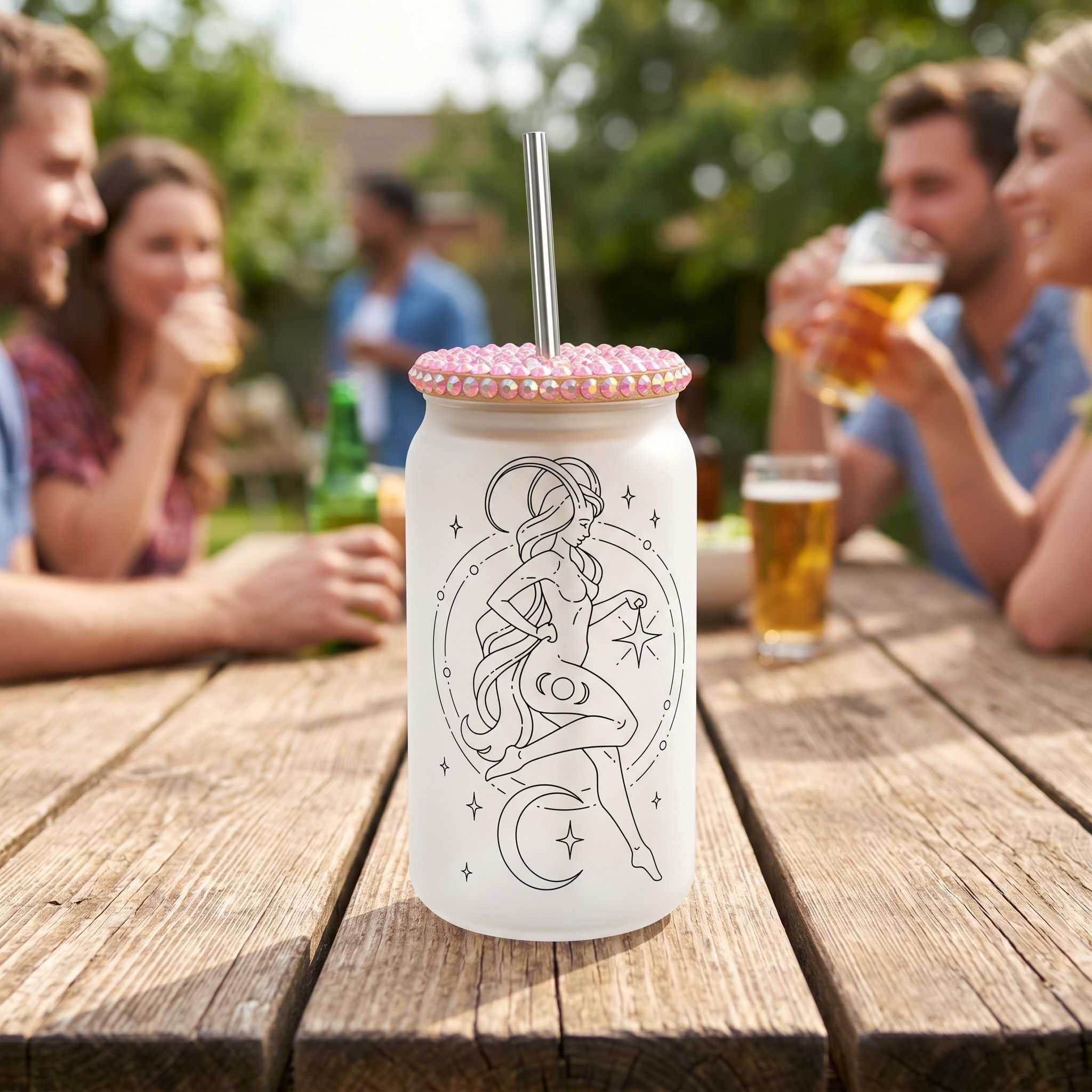 Close-up of 16 oz Capricorn Zodiac Libby Glass beer can cup with sublimated design, on rustic wood surface under natural daylight.