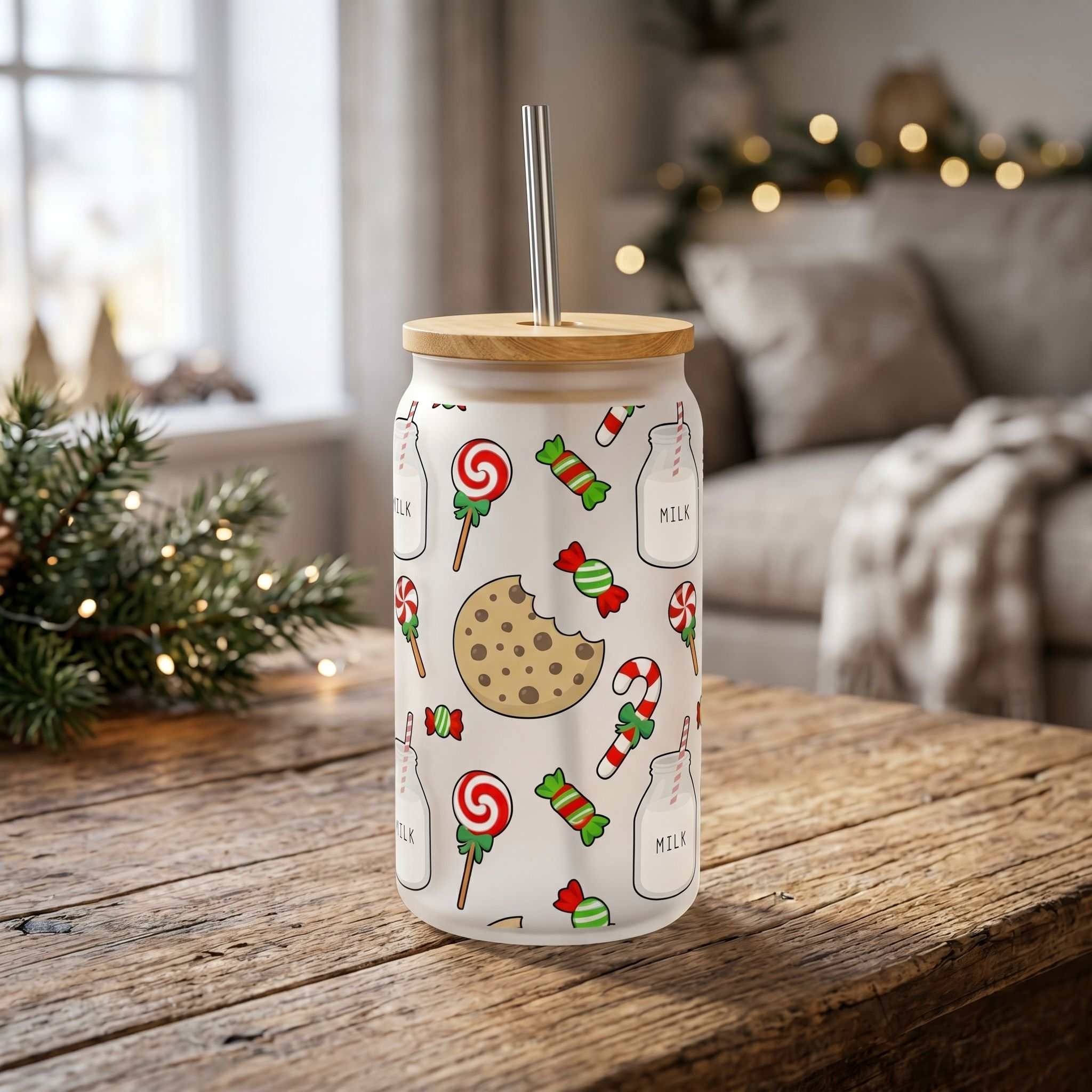 Close-up of the Christmas Cookies and Milk For Santa Libby glass beer can cup showing festive design and clear glass surface.
