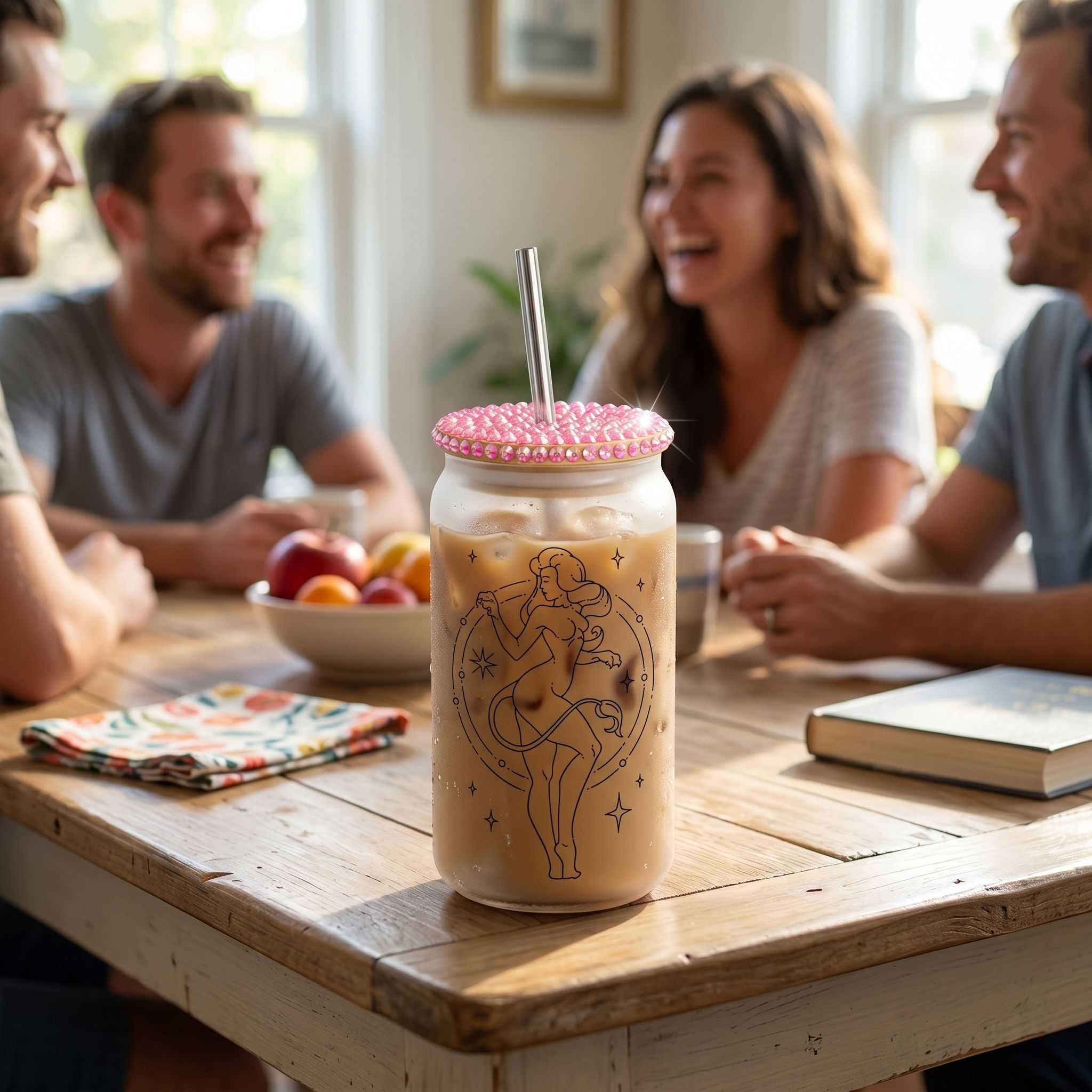 Close-up of Leo zodiac Libby glass with sublimated design and transparent glass material on a rustic wooden table.