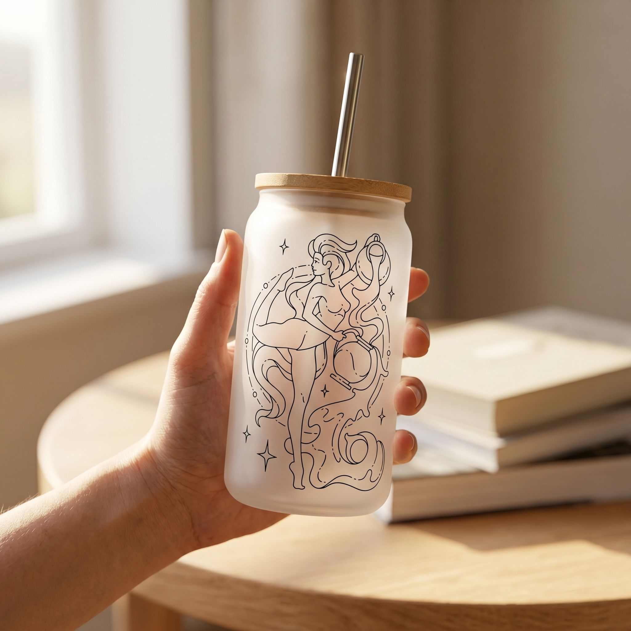 Close-up of the Aquarius zodiac Libby glass cup highlighting the intricate sublimated star and zodiac pattern, showing its clarity and shiny surface.