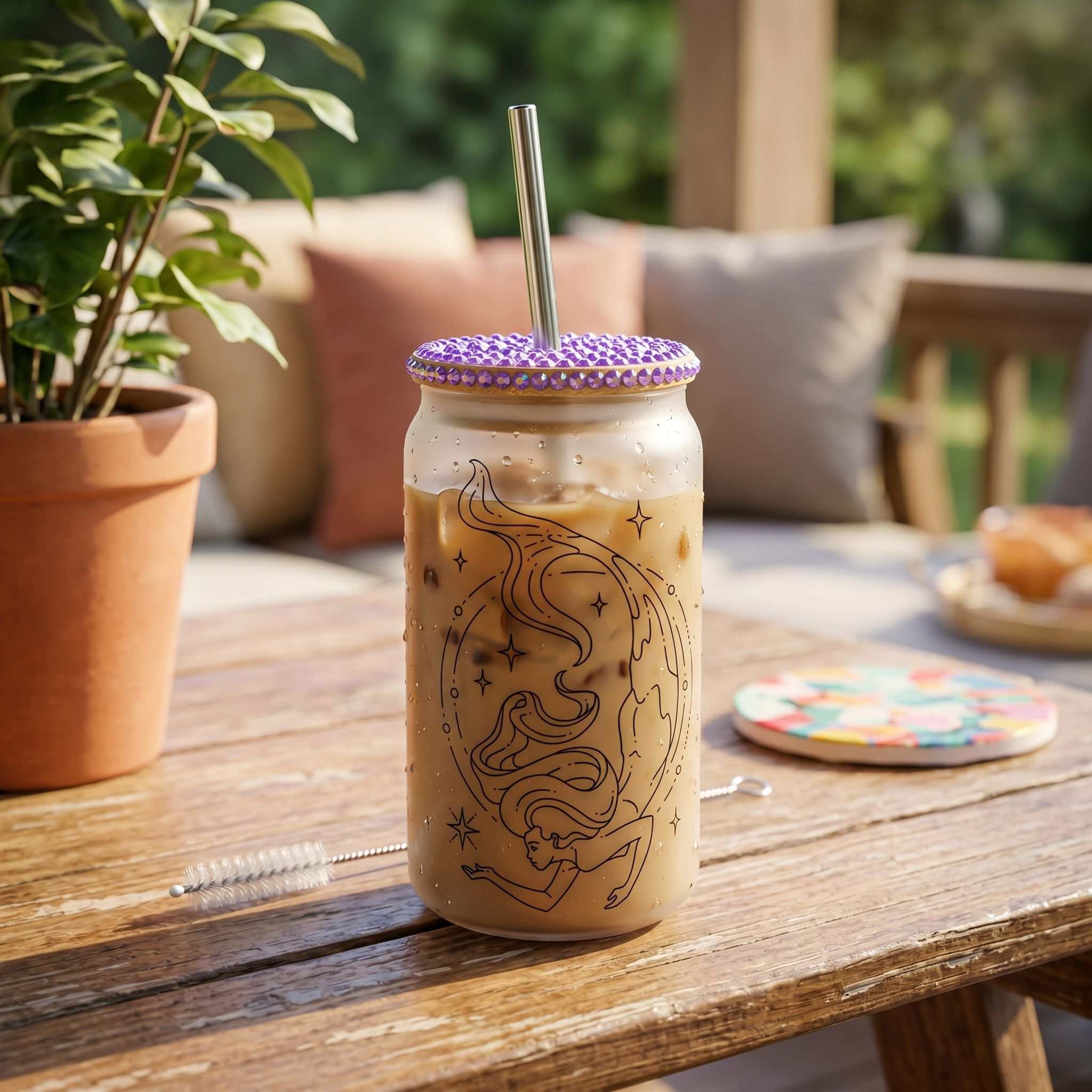 Close-up of 16oz Pisces Zodiac Stars Libby glass beer can cup showing sublimated star design and smooth finish on a wooden surface.