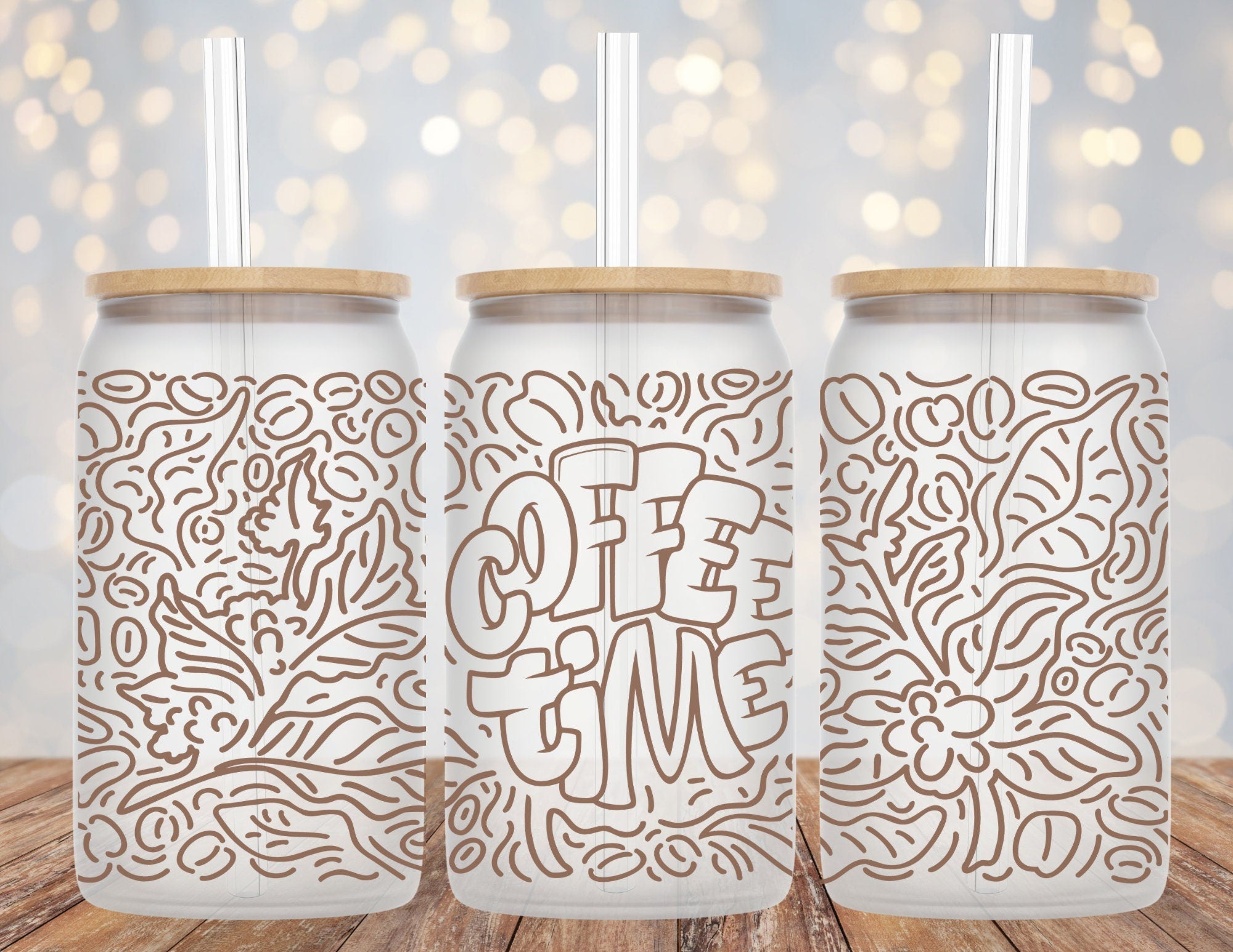 Coffee Time Coffee Lover 16oz Libby glass beer can cup with straw and bamboo lid options