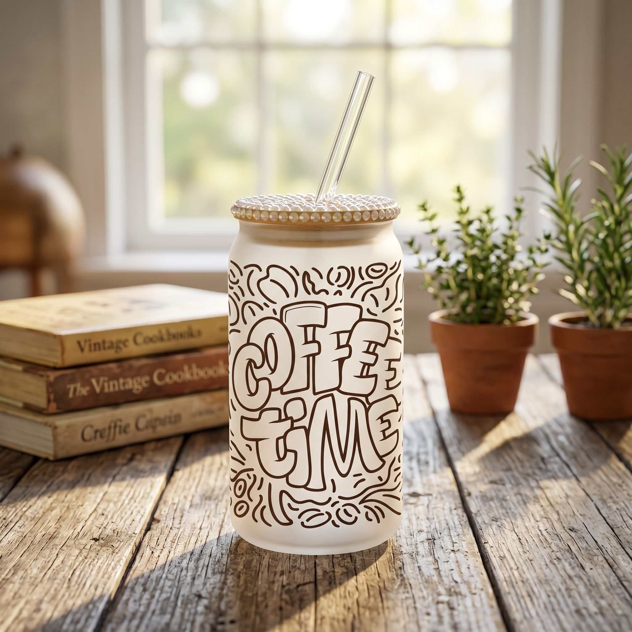 16 oz Libby glass beer can cup with straw on rustic wooden table in cozy kitchen.