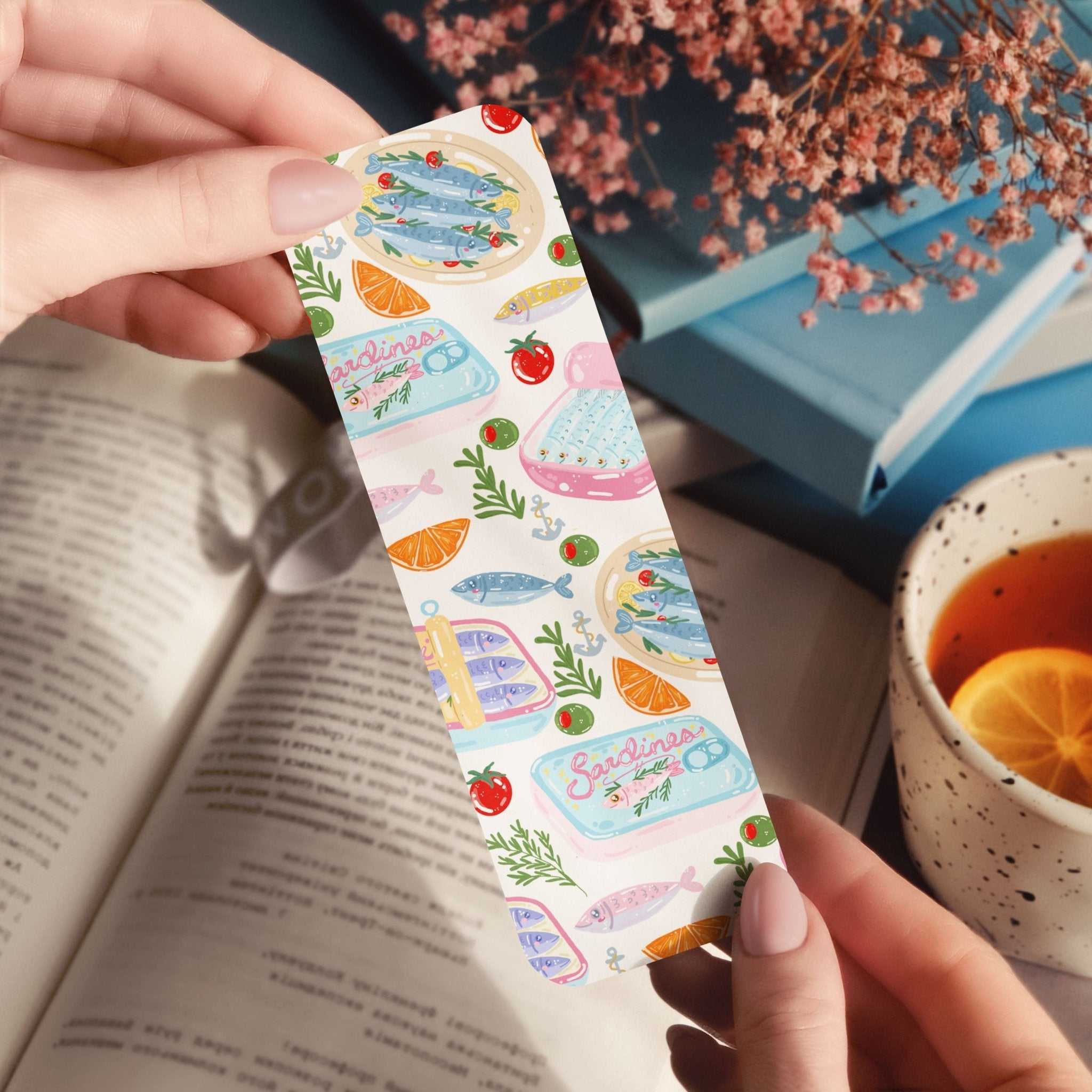 Cozy sardines, tomatoes, and olives hand-drawn bookmark in warm cottage core style with glossy and holographic finish options