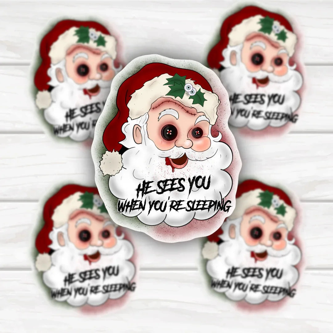 Creepy Santa He Sees You When You're Sleeping sticker with bold design and durable finish