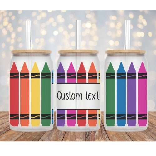 Custom Text Crayon Libby Glass Beer Can Cup 16oz with straw and optional bamboo lids