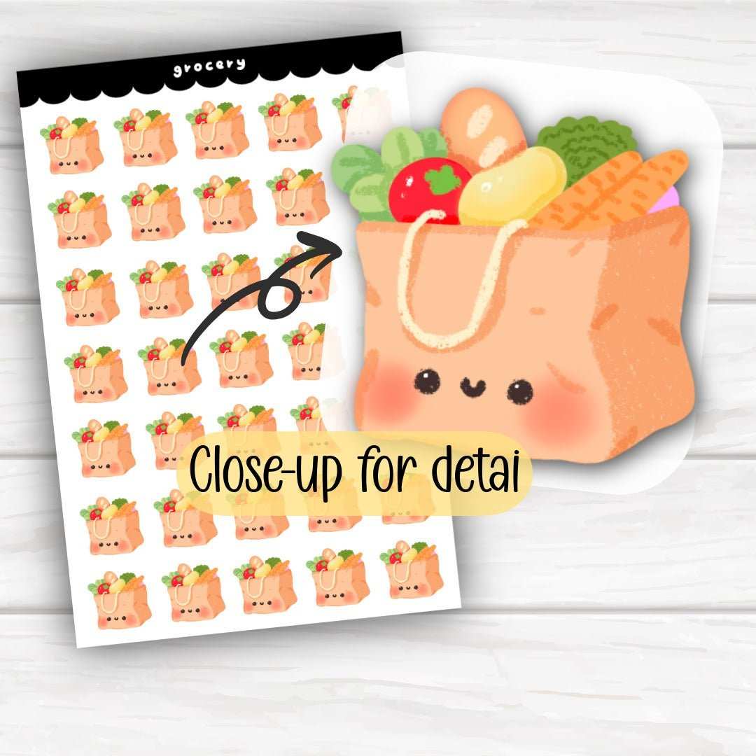 Cute grocery bag planner stickers sheet with hand-drawn grocery bags and veggies