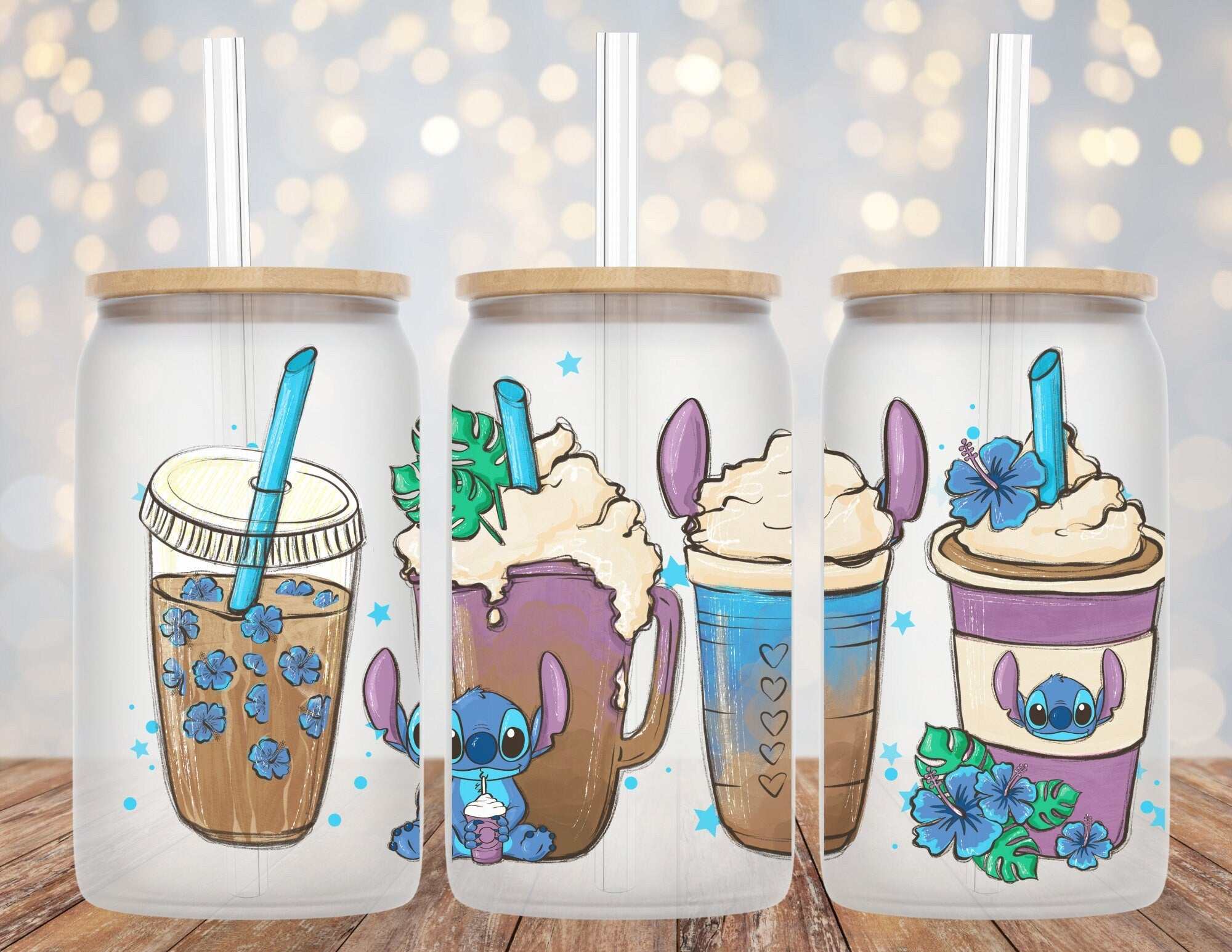 Starbucks inspired Stitch design on 16oz Libby glass beer can cup with straw and optional bamboo or rhinestone lid