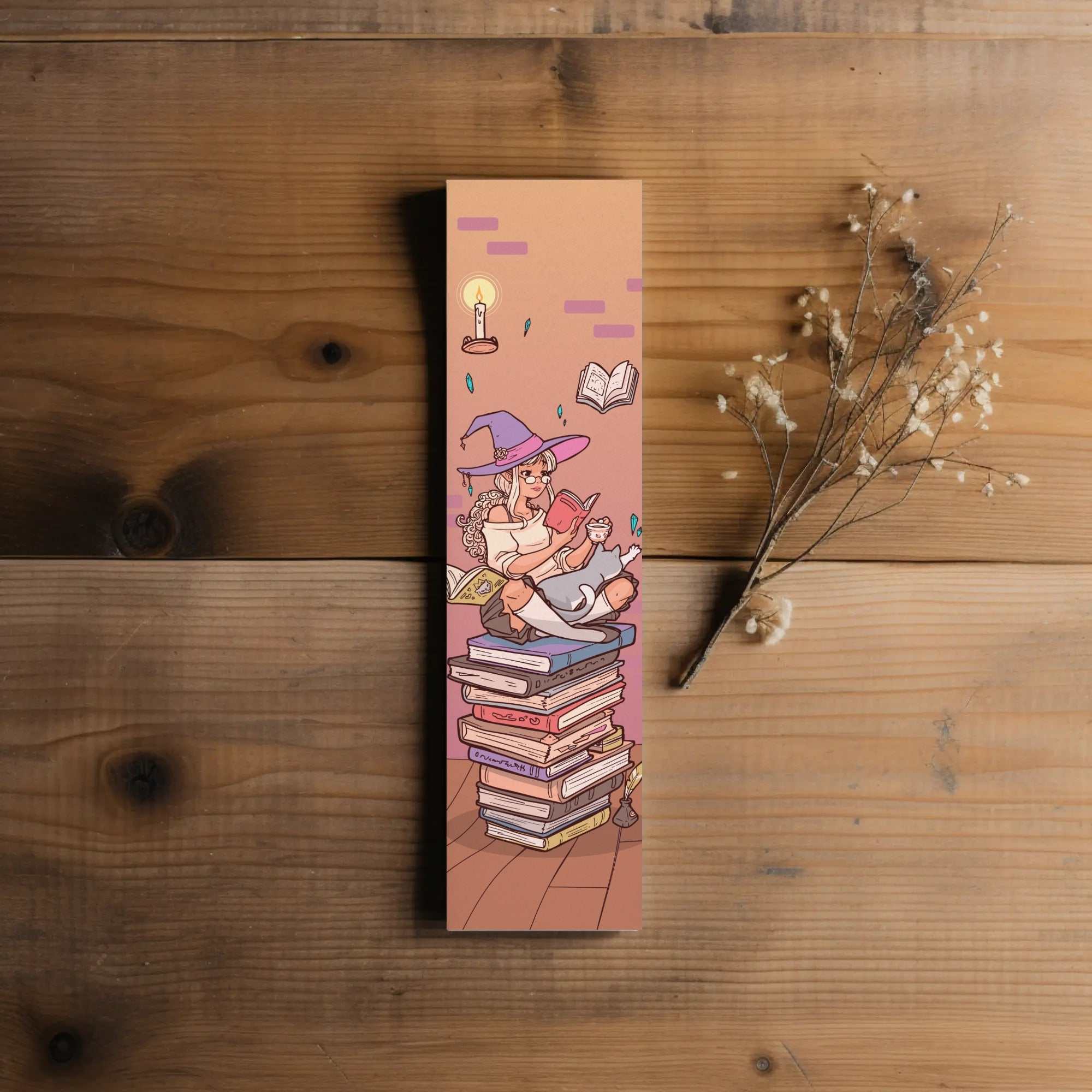 Cute witchy girl reading on stack of books bookmark with holographic finish options