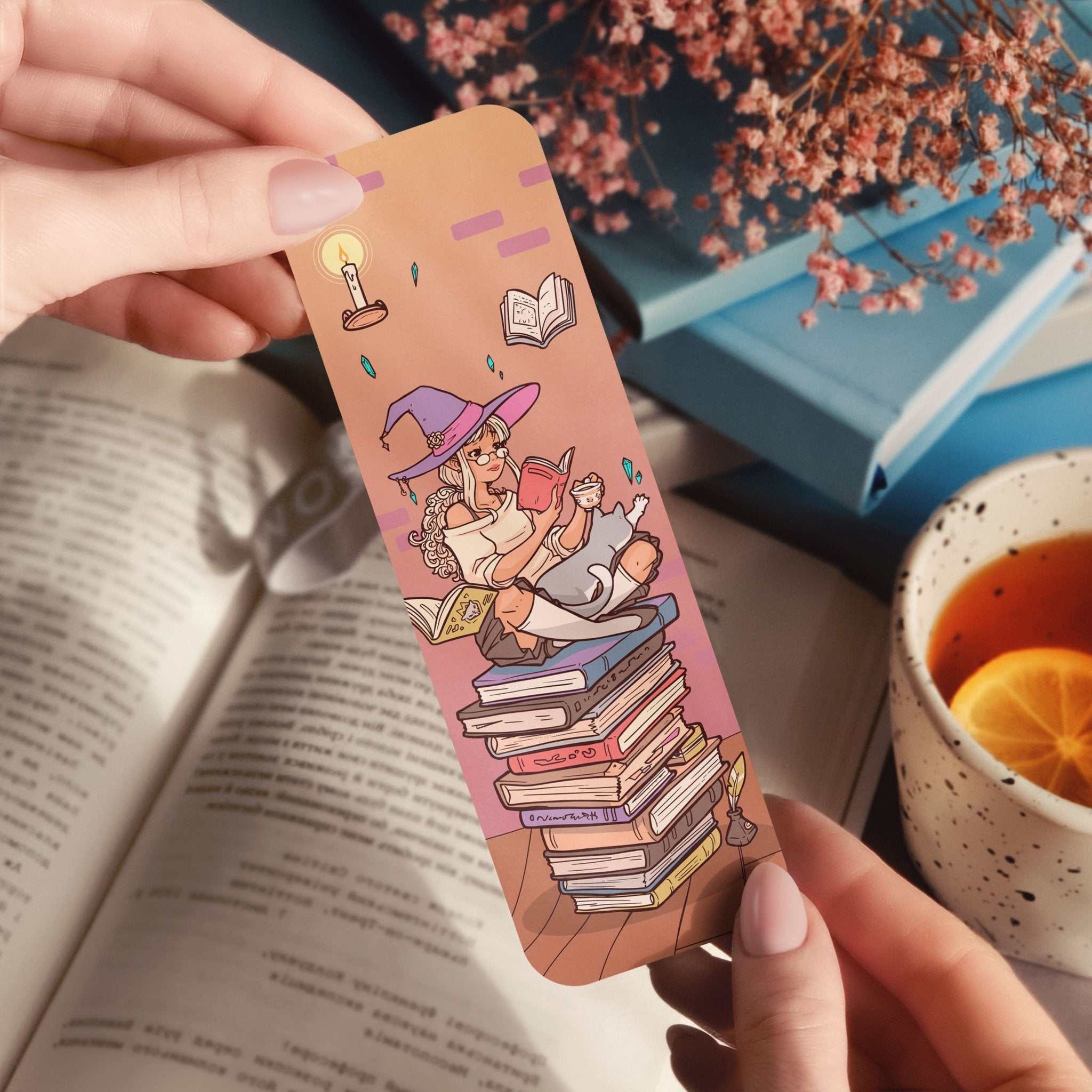 Cute witchy girl reading on stack of books bookmark with glossy and holographic finishes
