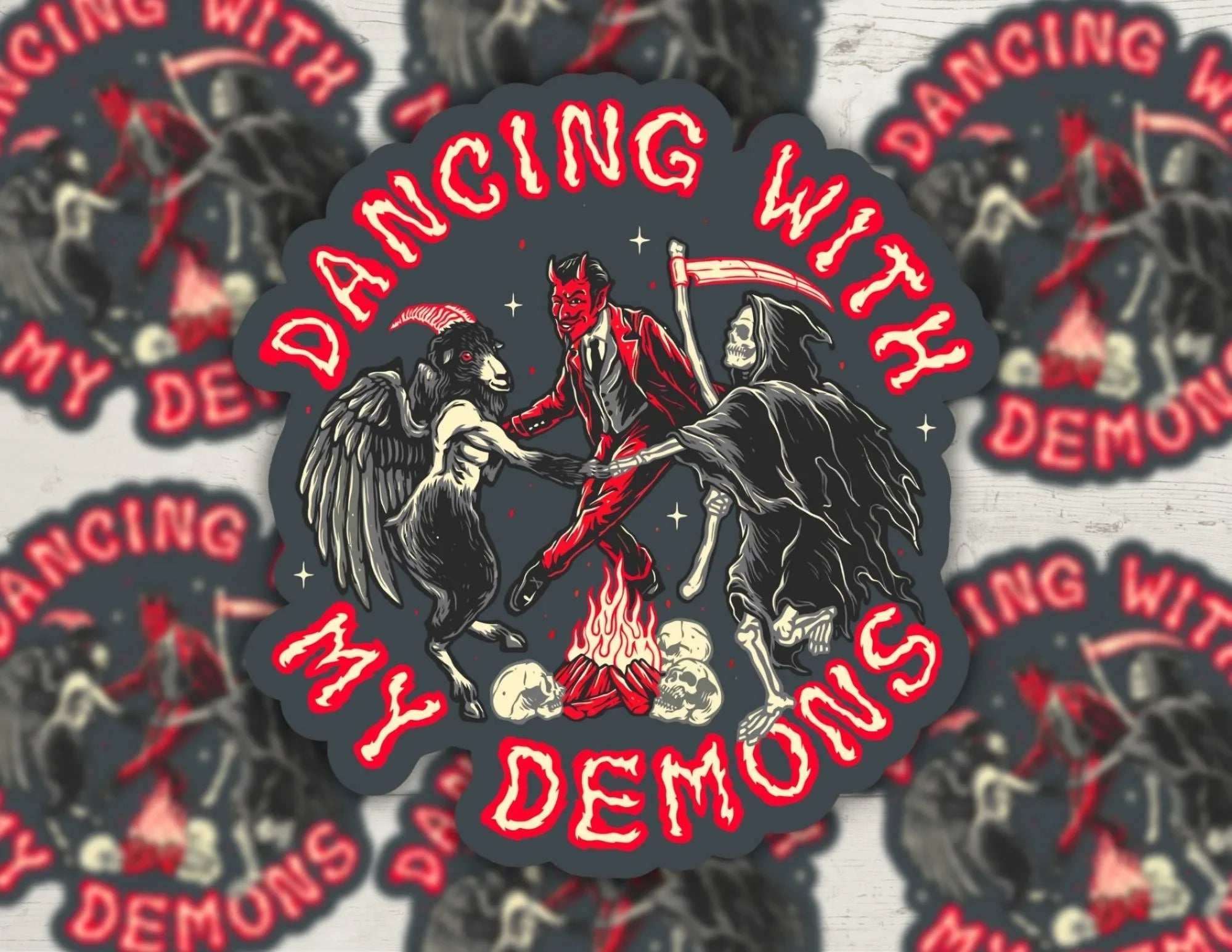 Dancing with my Demons dark humor vinyl sticker with bold, durable design