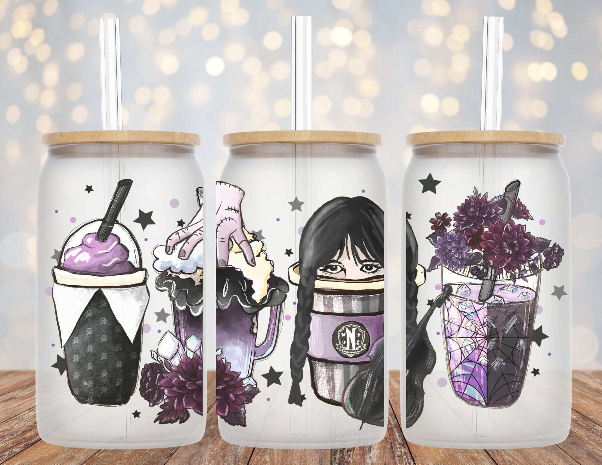 Dark Gloomy Girl Coffees themed Libby beer can glass cup with straw and bamboo lid options