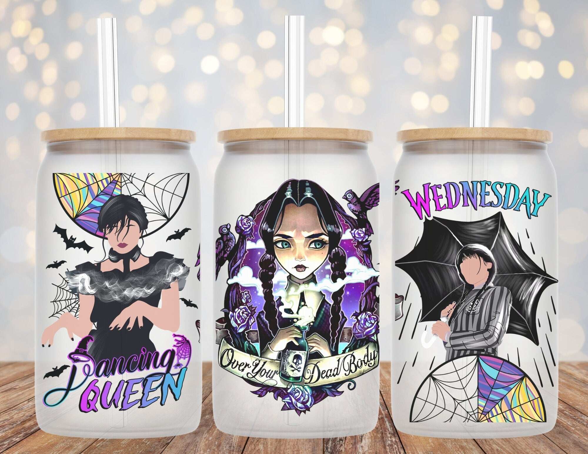 Dark gloomy girl dancing queen inspired Libby glass beer can cup with straw and bamboo lid options