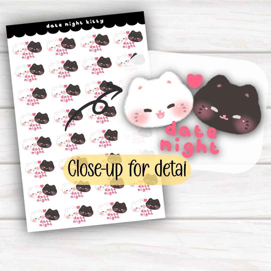 4x6 sticker sheet of black and white kitten illustrations for date night planners