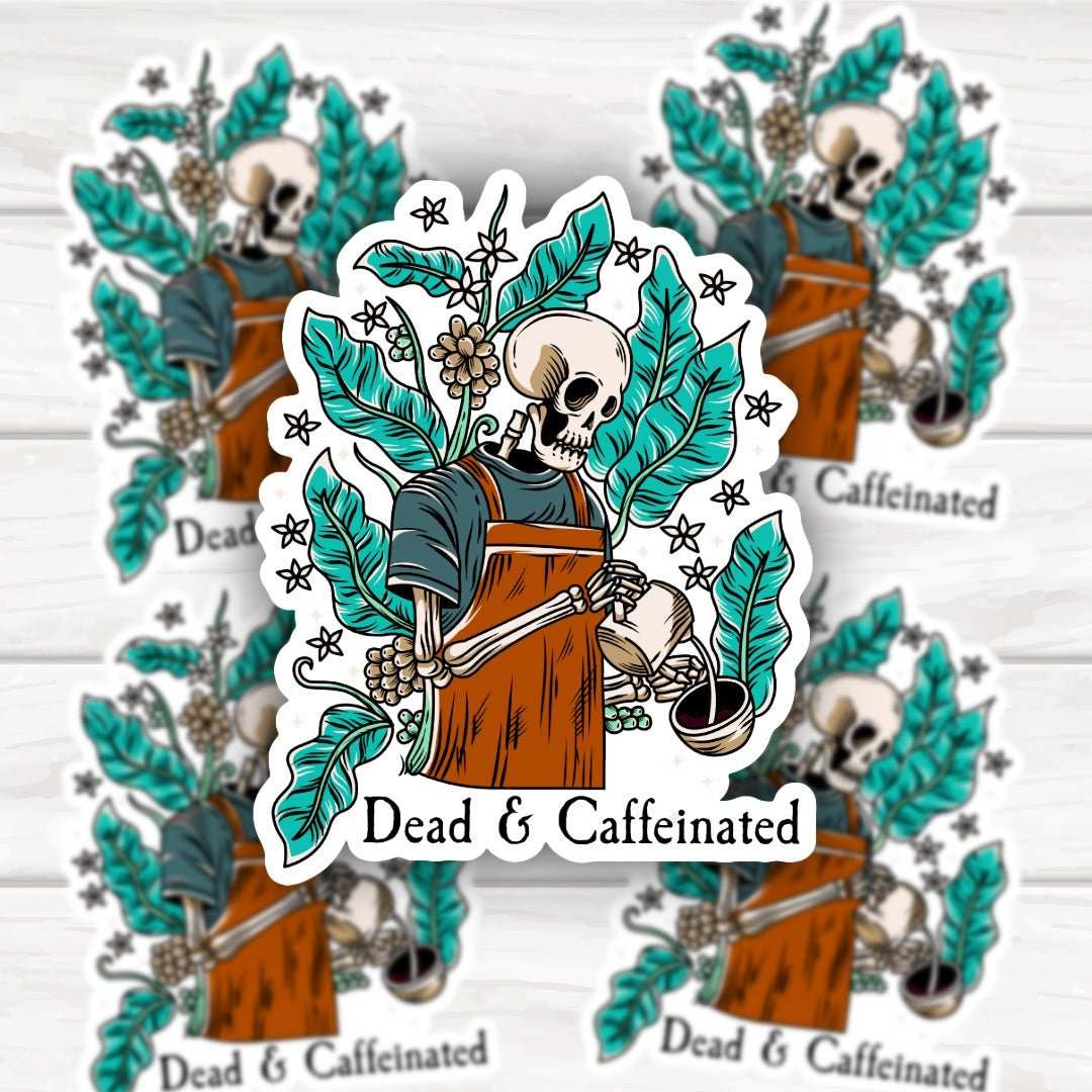 Dead & Caffeinated Skeleton Sticker with bold clean design for customization and durability