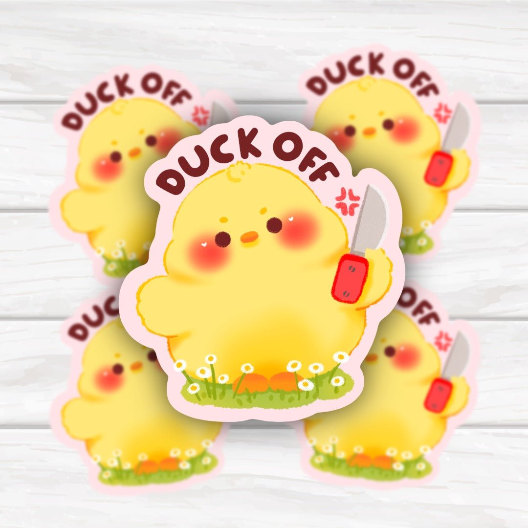 "Duck Off" Kawaii Angry Duck holding knife Sticker - HoneySkunk