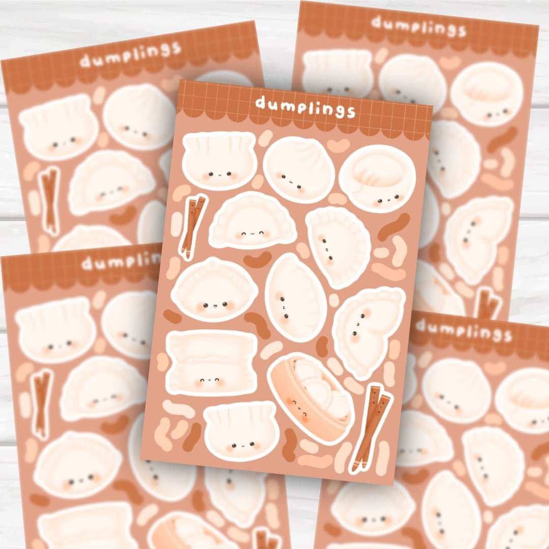 Dumpling Friends functional planner 4x6 sticker sheet with cute smiling dumplings and gyoza in glossy and holographic finishes