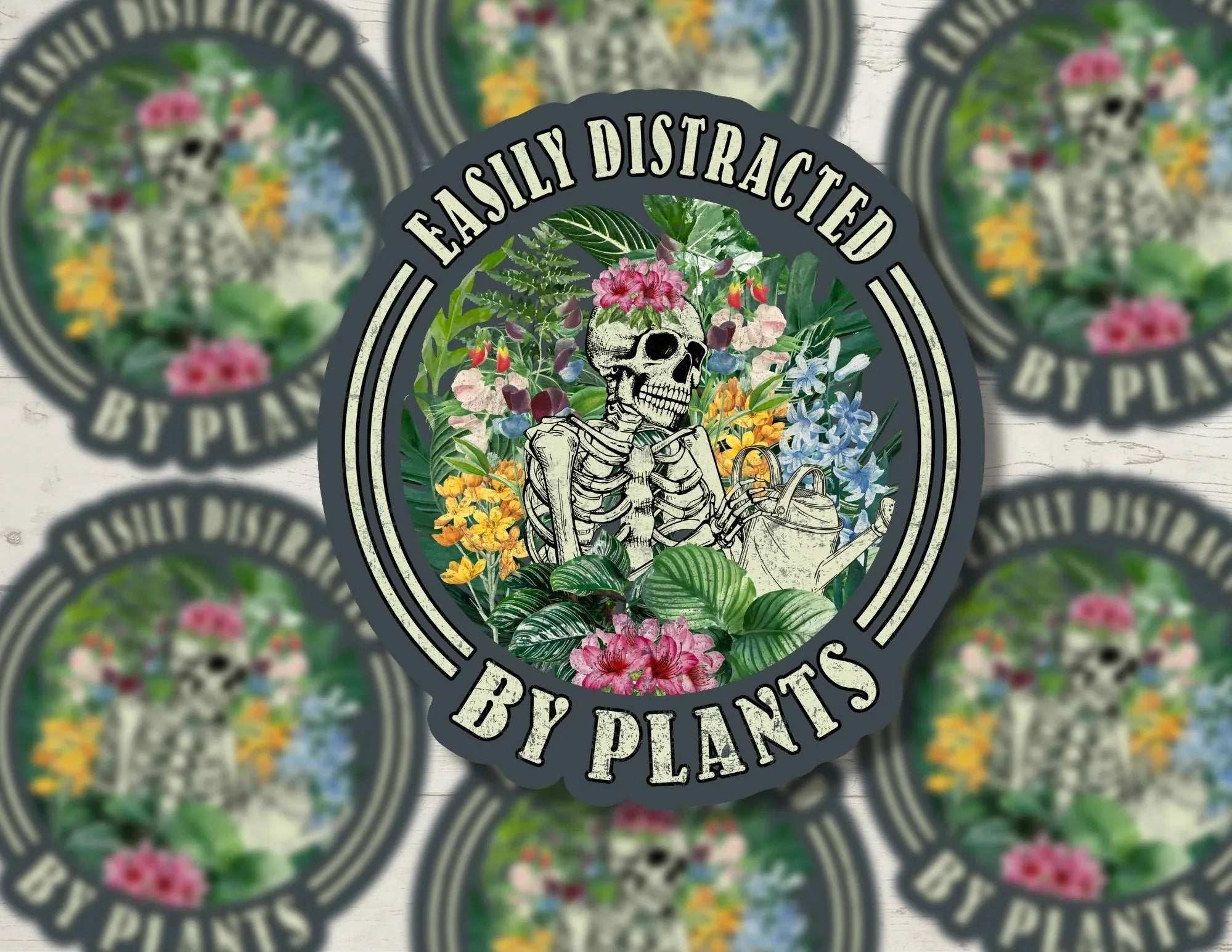 Easily Distracted by Plants skeleton vinyl sticker with bold, durable design