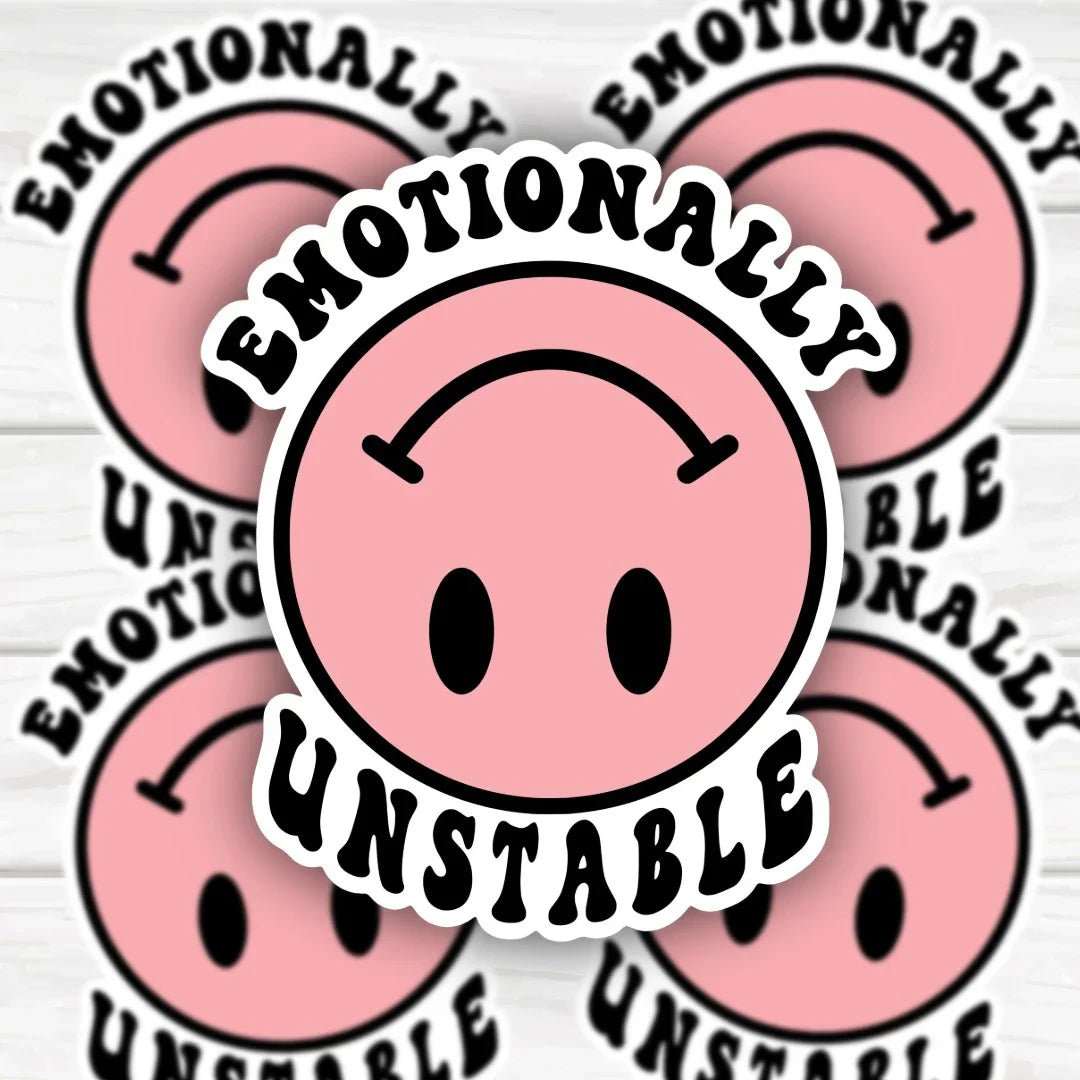 Emotionally Unstable upside down smiley face sticker with bold, clean design and durable finish