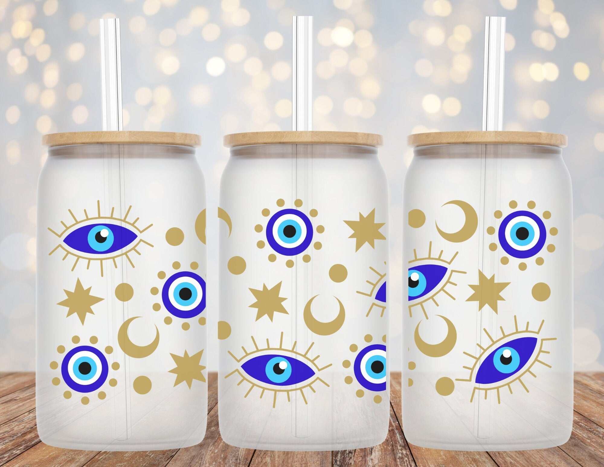 16 oz Evil Eye And Moons Libby glass beer can cup with straw and optional bamboo lids