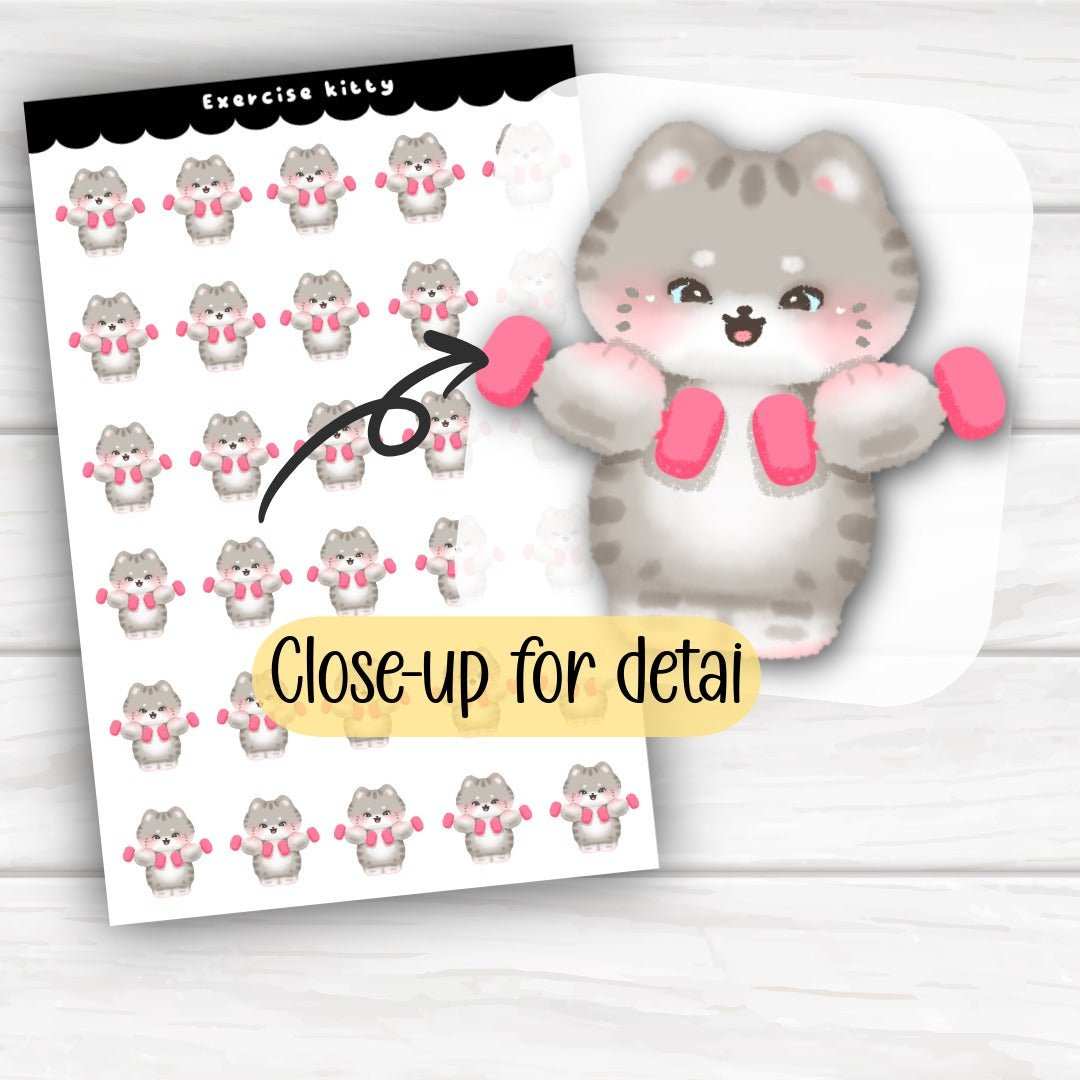 Exercise kitty sticker sheet with gym days tracker icons for planners and notebooks