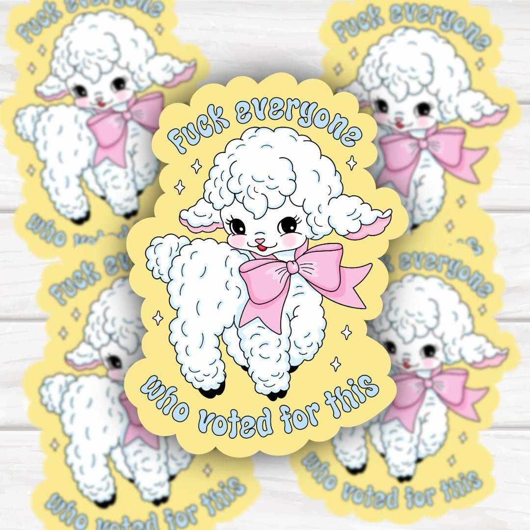 Adorable sheep with bow sticker featuring bold, vibrant design for laptops and bottles