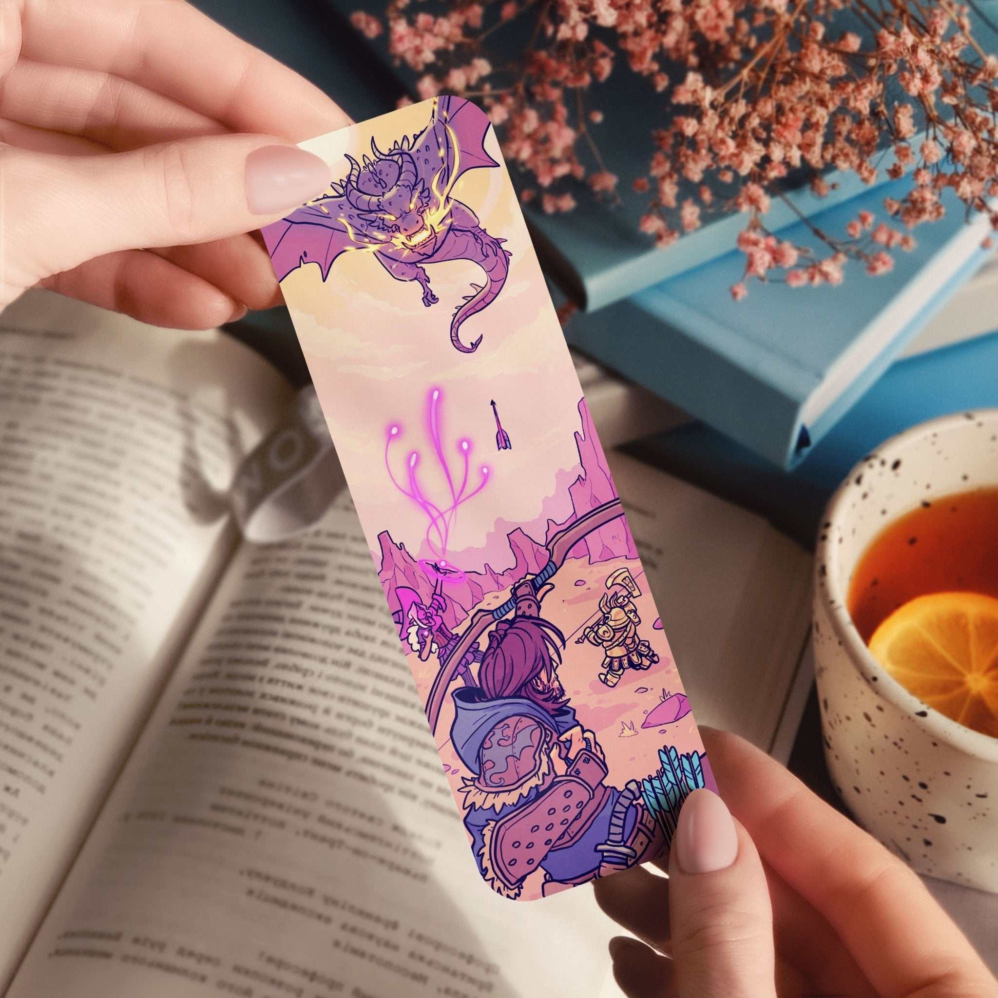 Fantasy fighting dragon bookmark with epic adventure artwork and dynamic poses