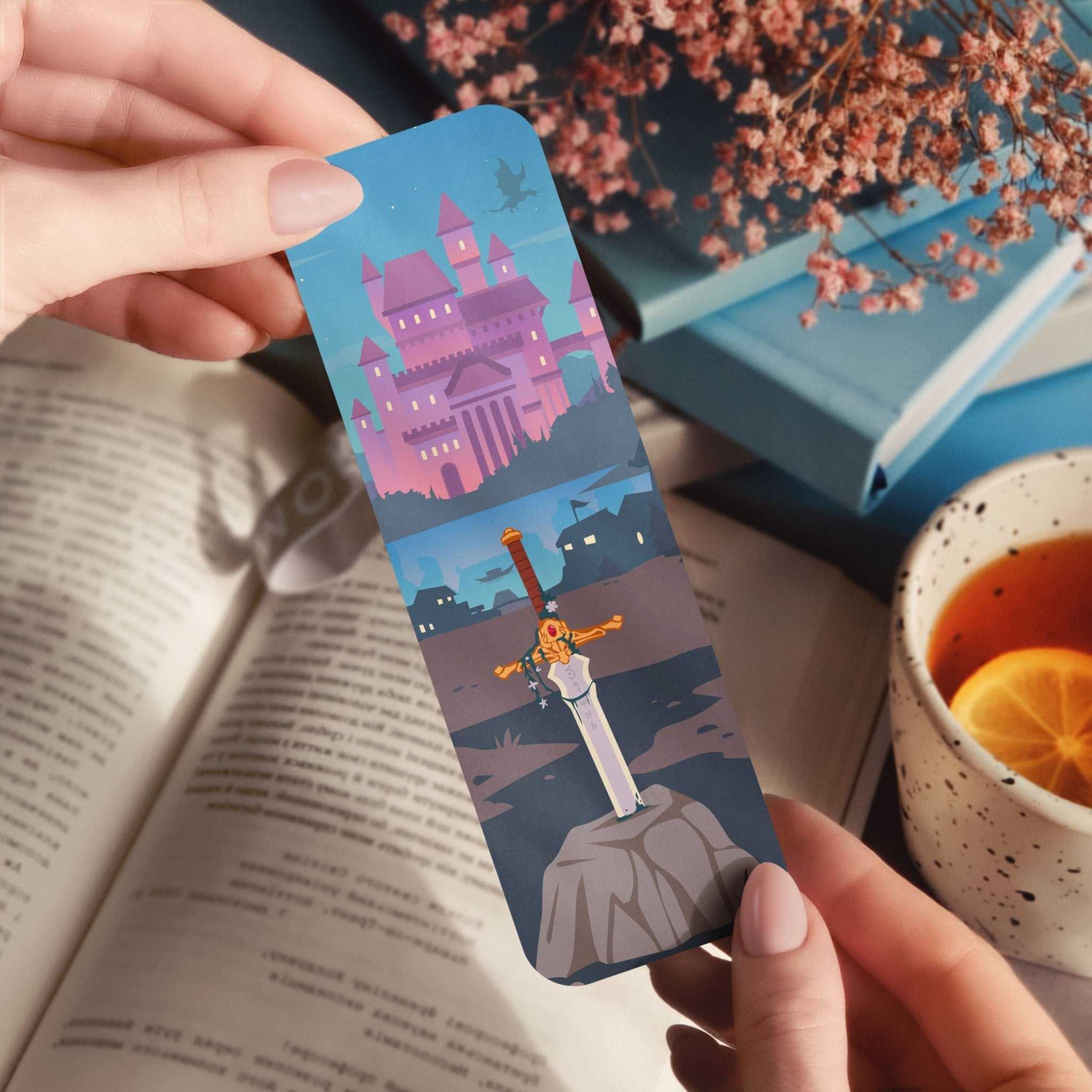 Fantasy sword embedded in stone with ancient castle bookmark in detailed fantasy artwork