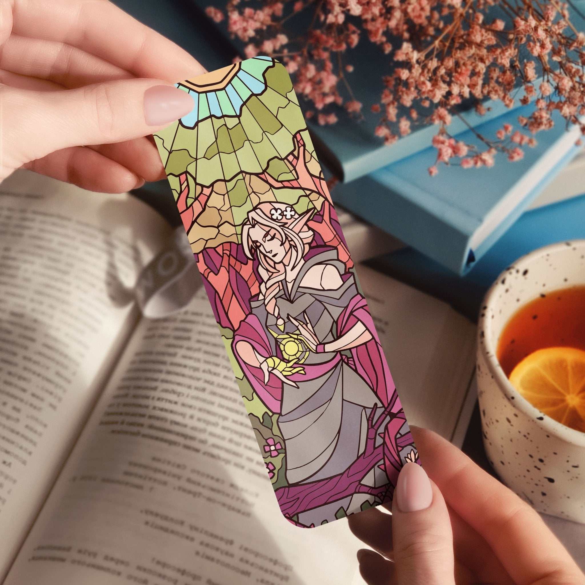 Fantasy wise elf bookmark with mystical forest druid artwork