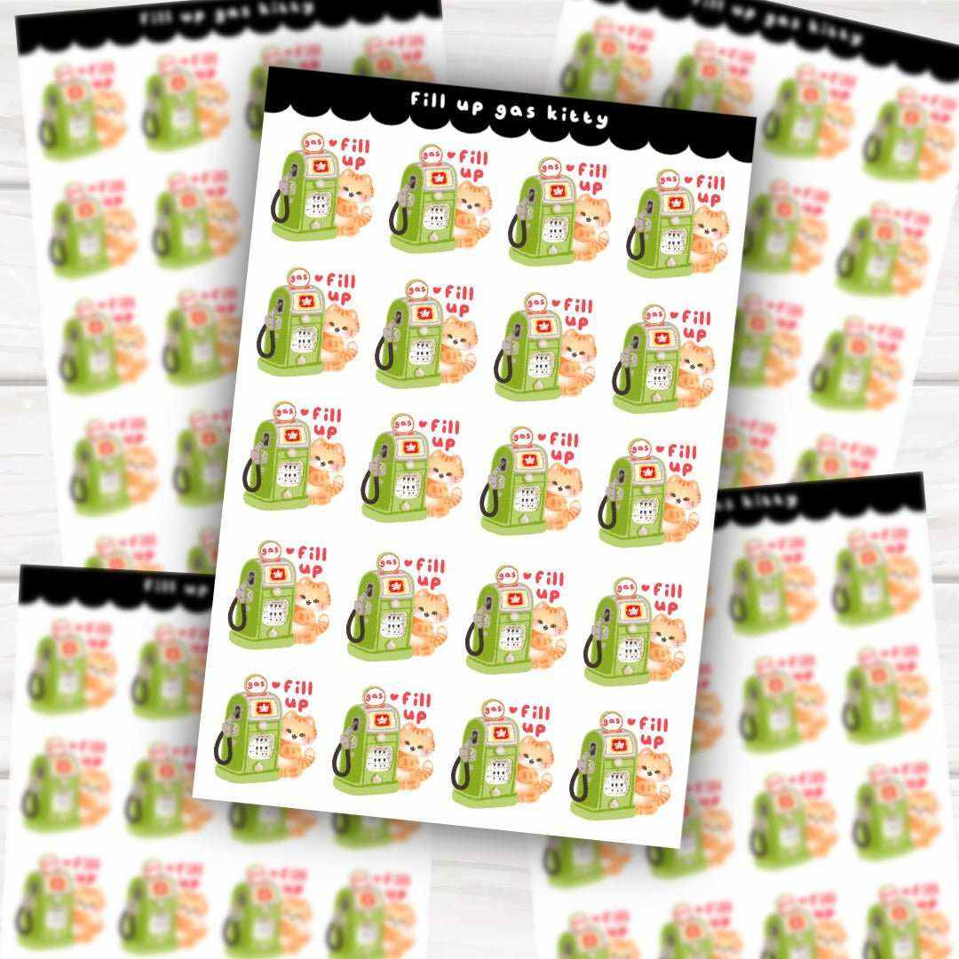 4x6 sticker sheet featuring orange tabby cat and retro green gas pump for planner decoration and organization