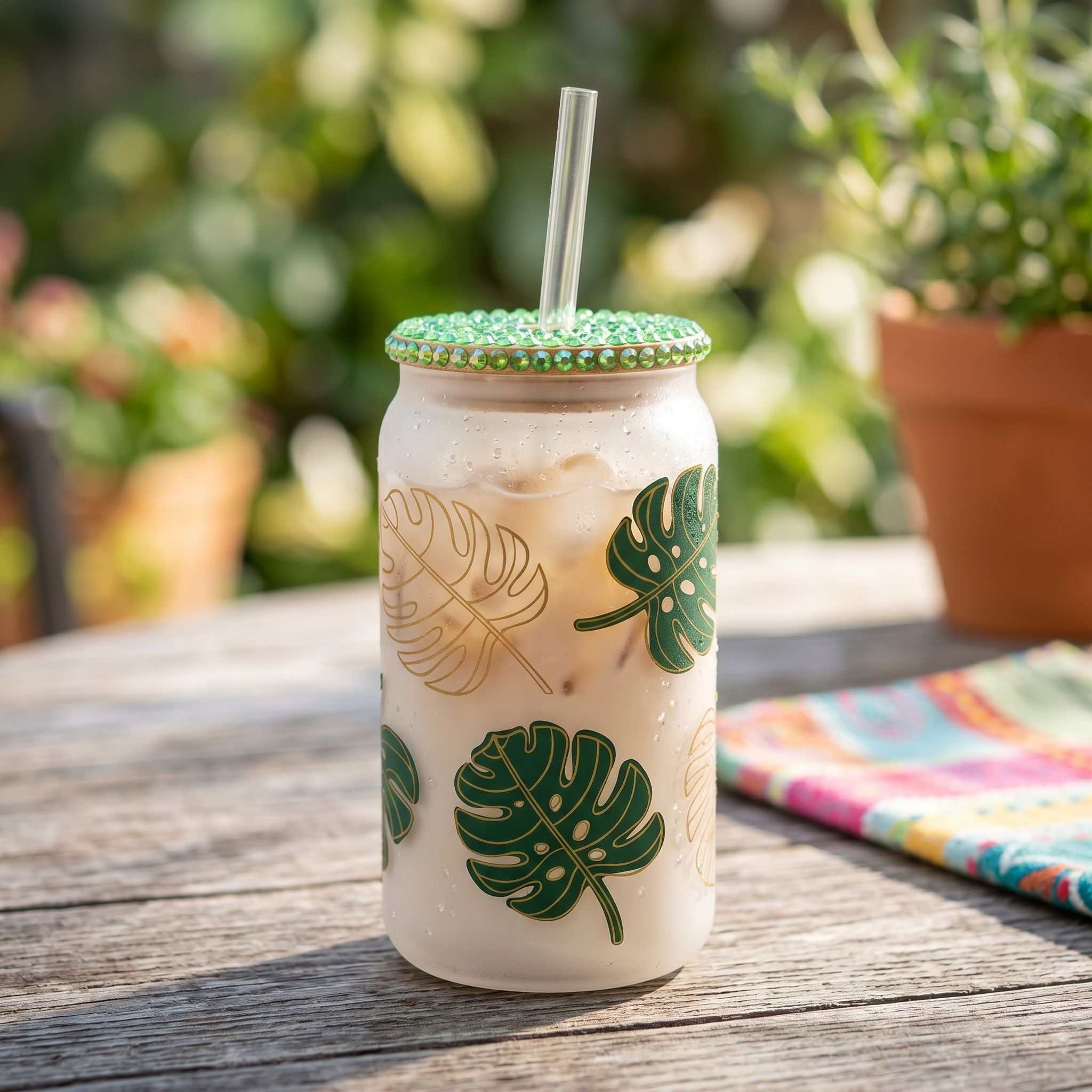 Frosted 16 oz glass tumbler with monstera leaf design on outdoor patio table under soft sunlight, relaxed mood.