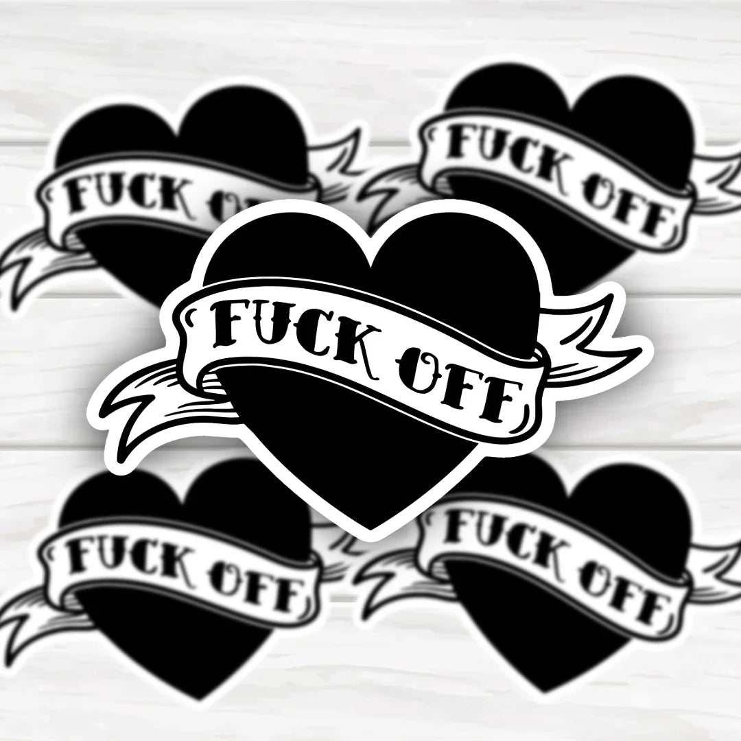 Fuck Off Black Heart Sticker with bold black heart design and clean finish