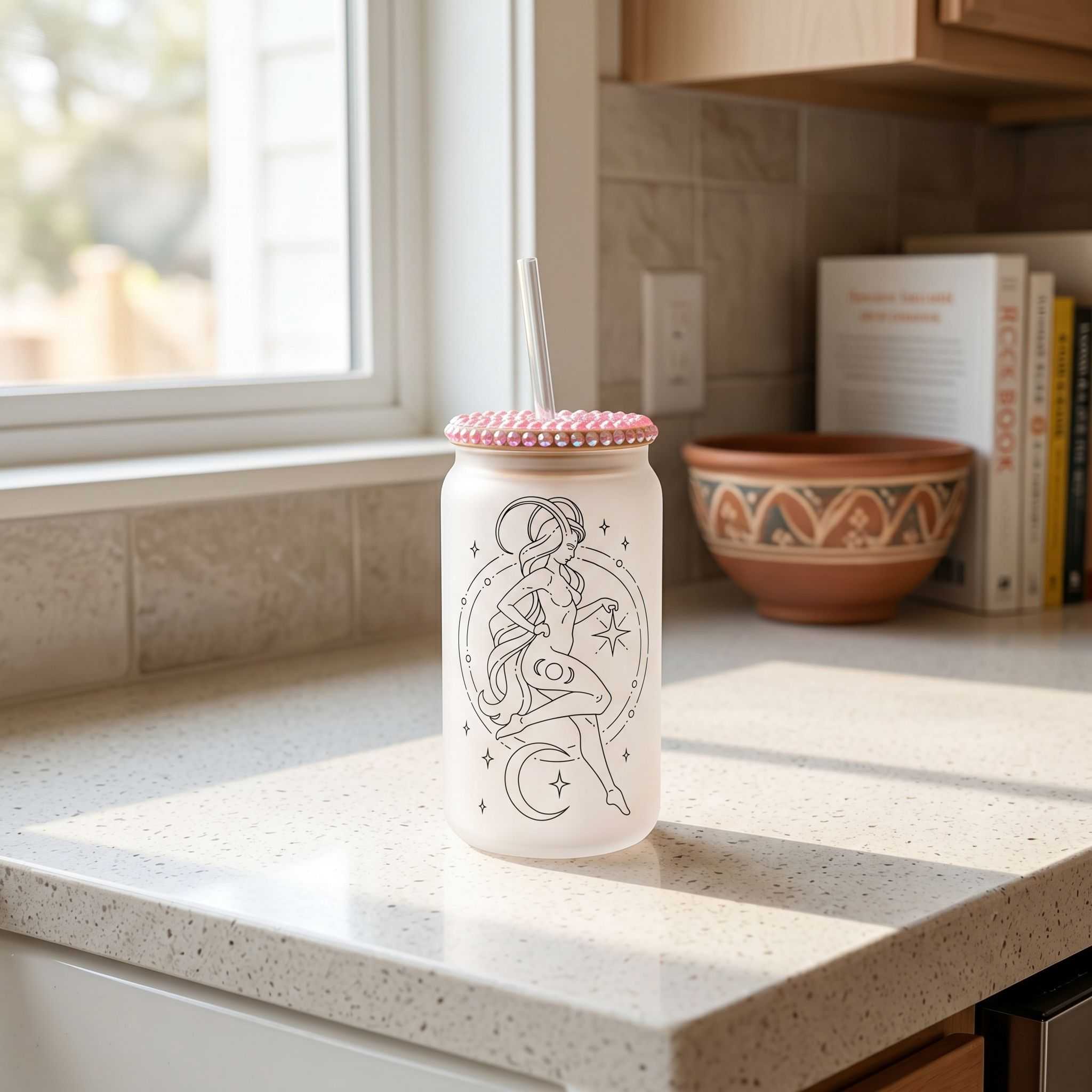 Full view of 16 oz Capricorn Zodiac Libby Glass beer can cup with straw on modern kitchen counter in warm lighting.