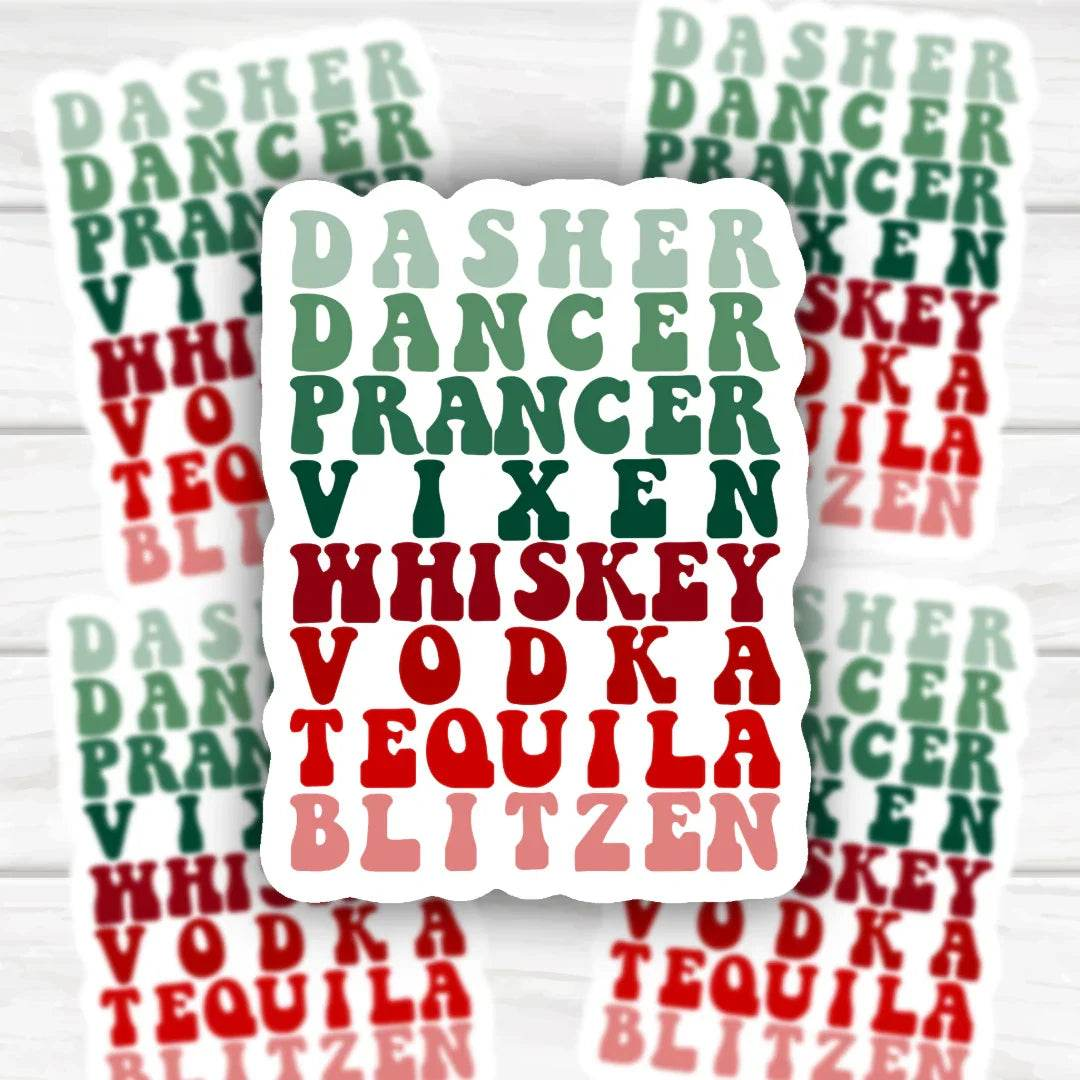 Funny reindeer names turned into alcohol names humorous sticker design