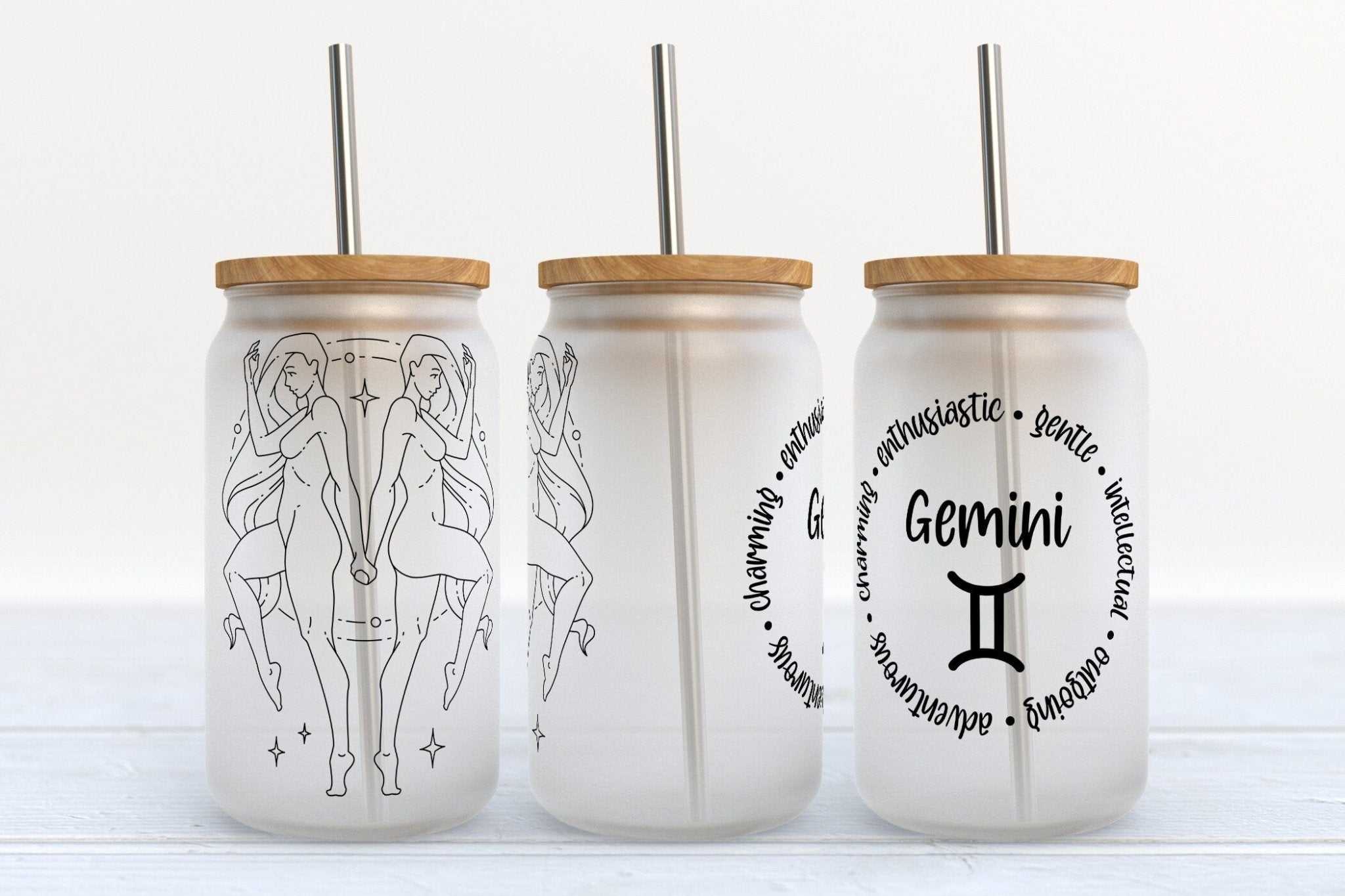 Gemini zodiac astrology stars design on 16oz Libby glass beer can cup with straw and optional lids