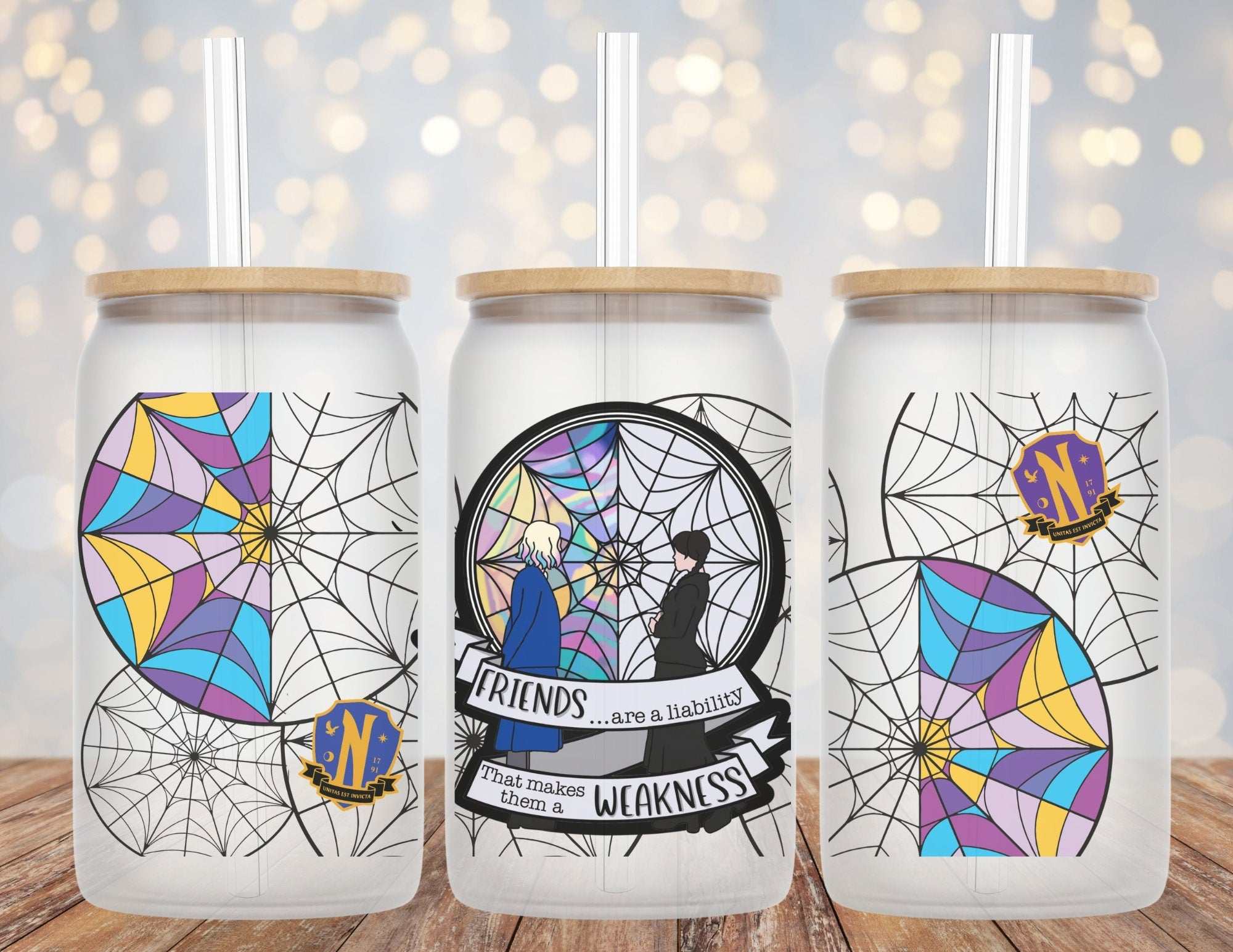 Gloomy dark girl inspired Friends Are A Liability Libby glass beer can cup with straw and bamboo lid options