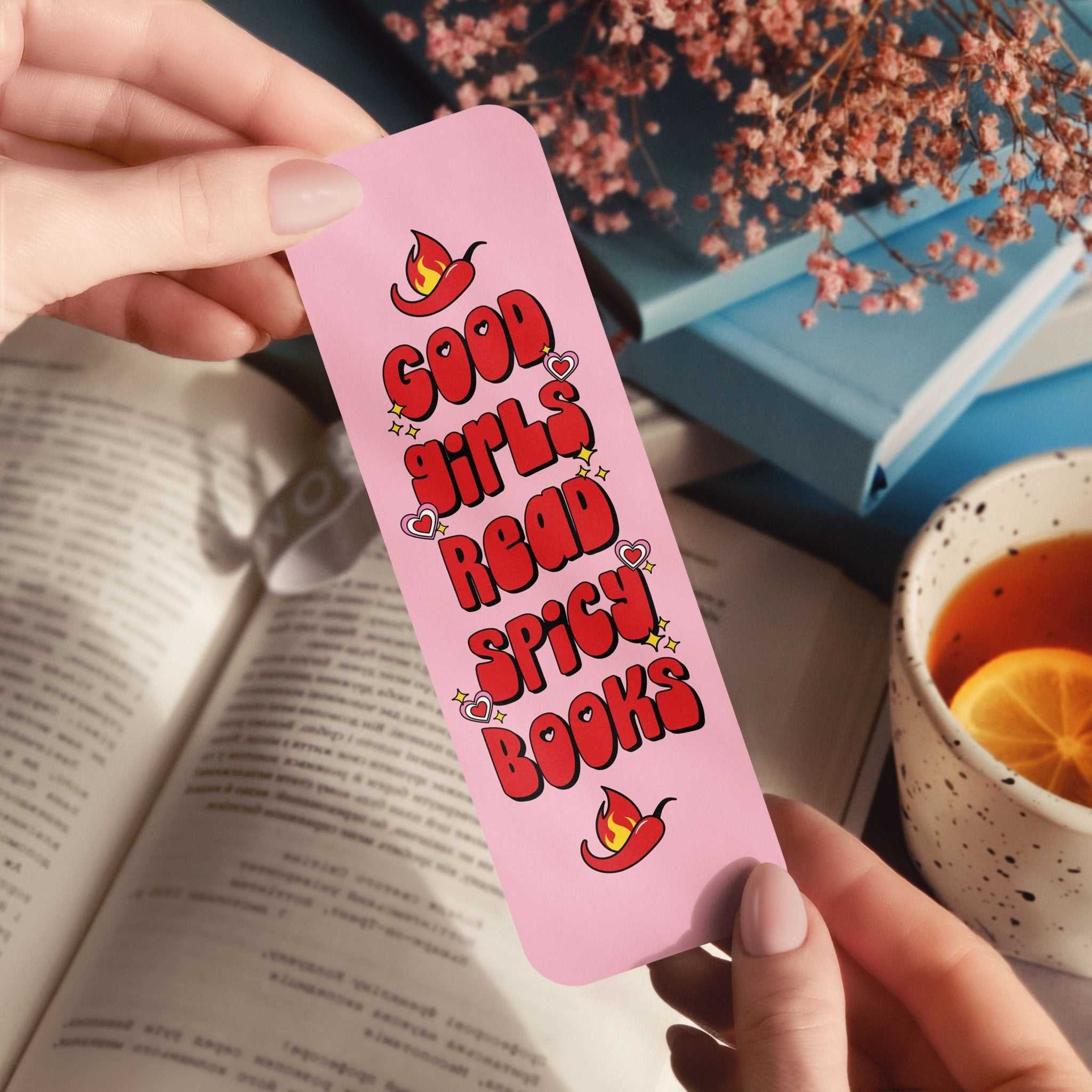 Good Girls Read Spicy Books bookmark with red pepper on pink background, glossy and holographic finishes