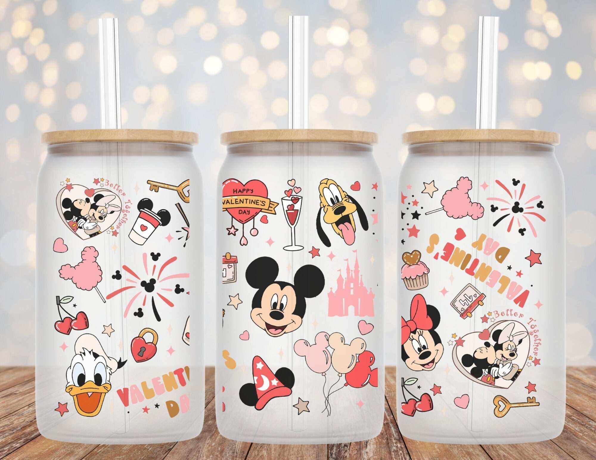 Happy Valentines Day Mickey and Friends Libby Glass Beer Can Cup 16oz with straw and bamboo lid options