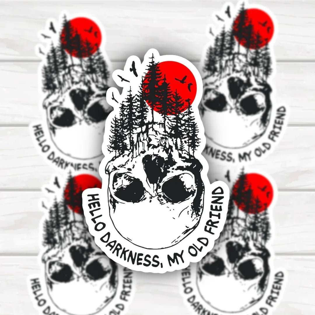 Hello Darkness My Old Friend skull and forest sticker with bold design